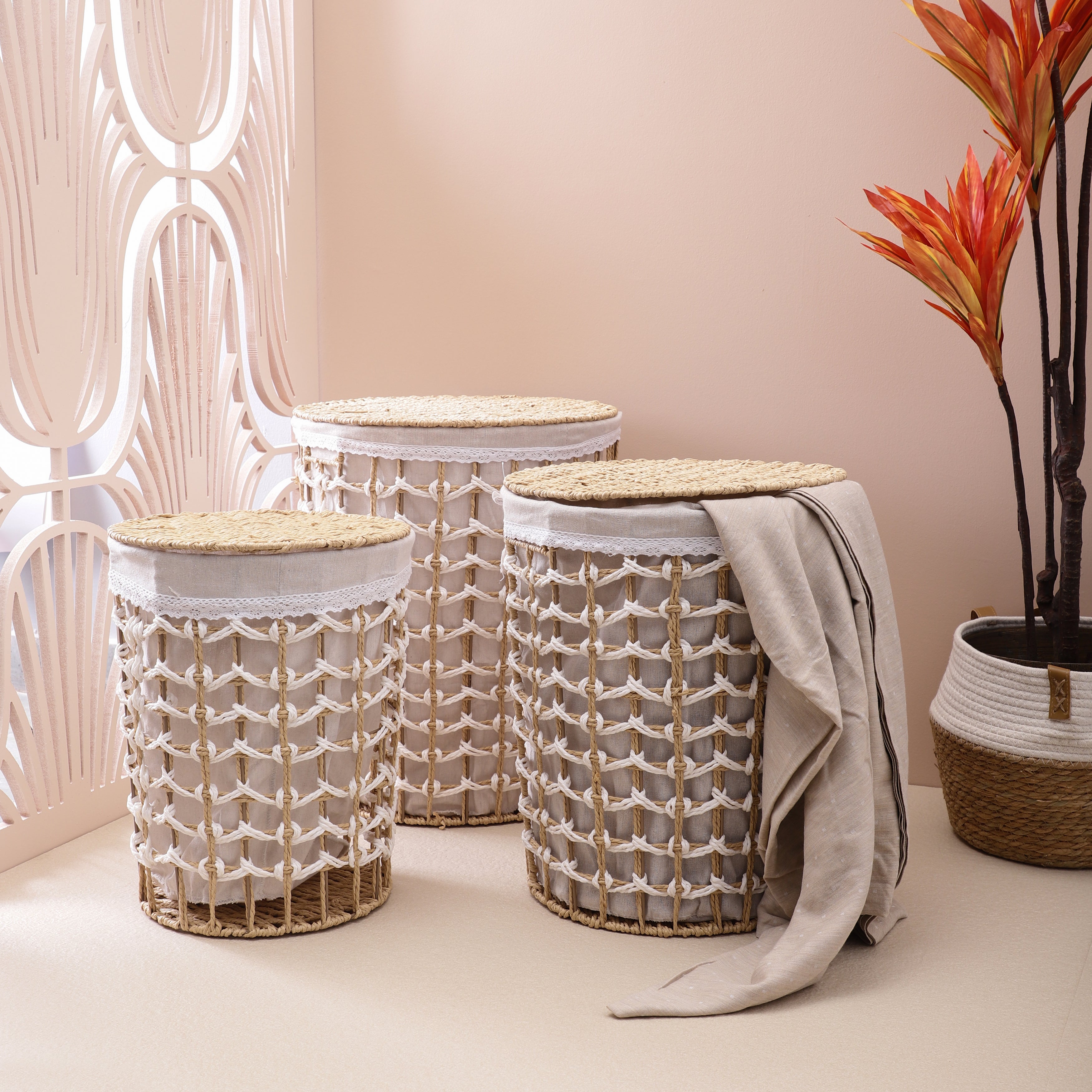 Weaved Jute Laundry Baskets with Lid (Single)