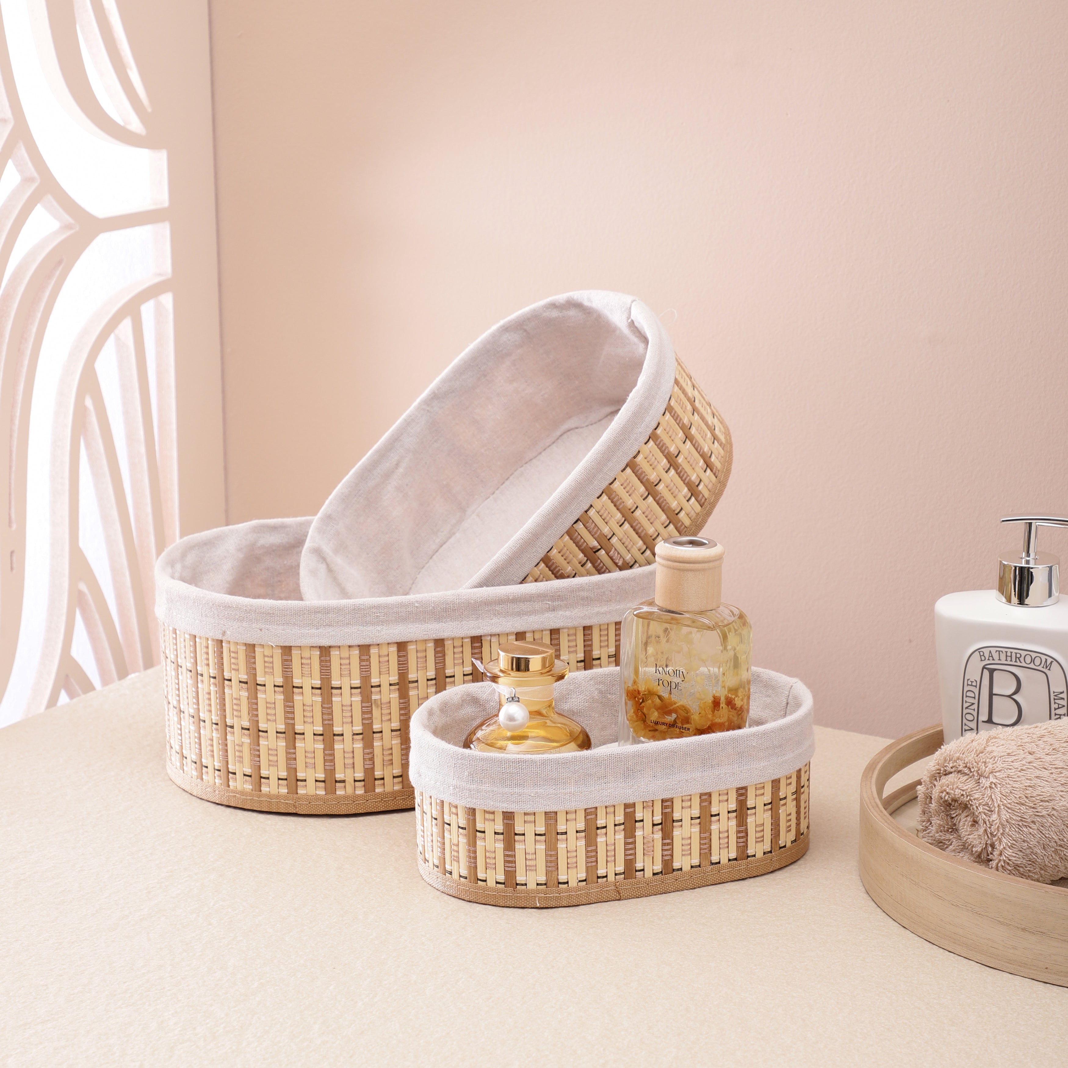 Bamboo Lined Storage Baskets (Set of 3) - Oval