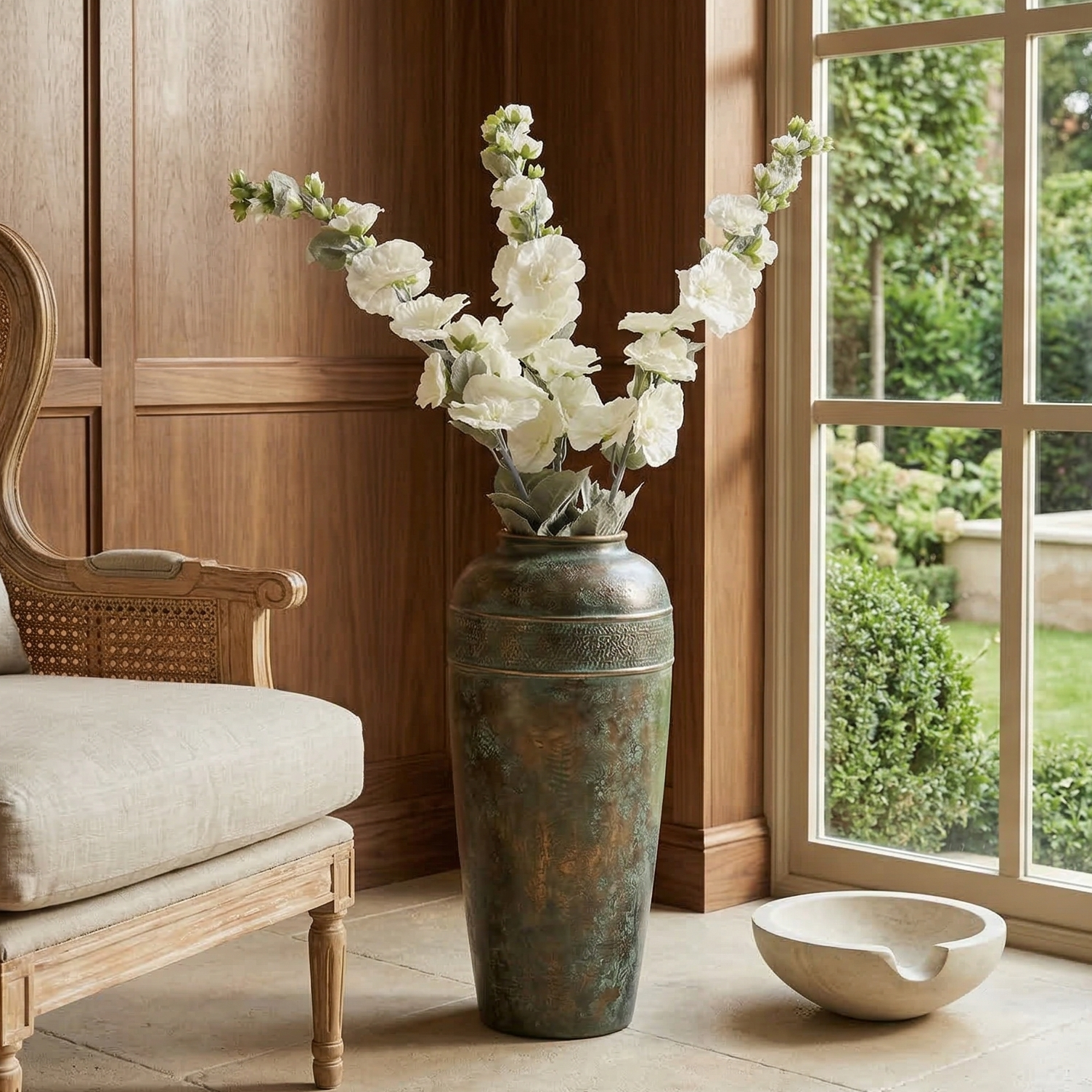 Pristine White Hollyhock Faux Flower Stick (Single)