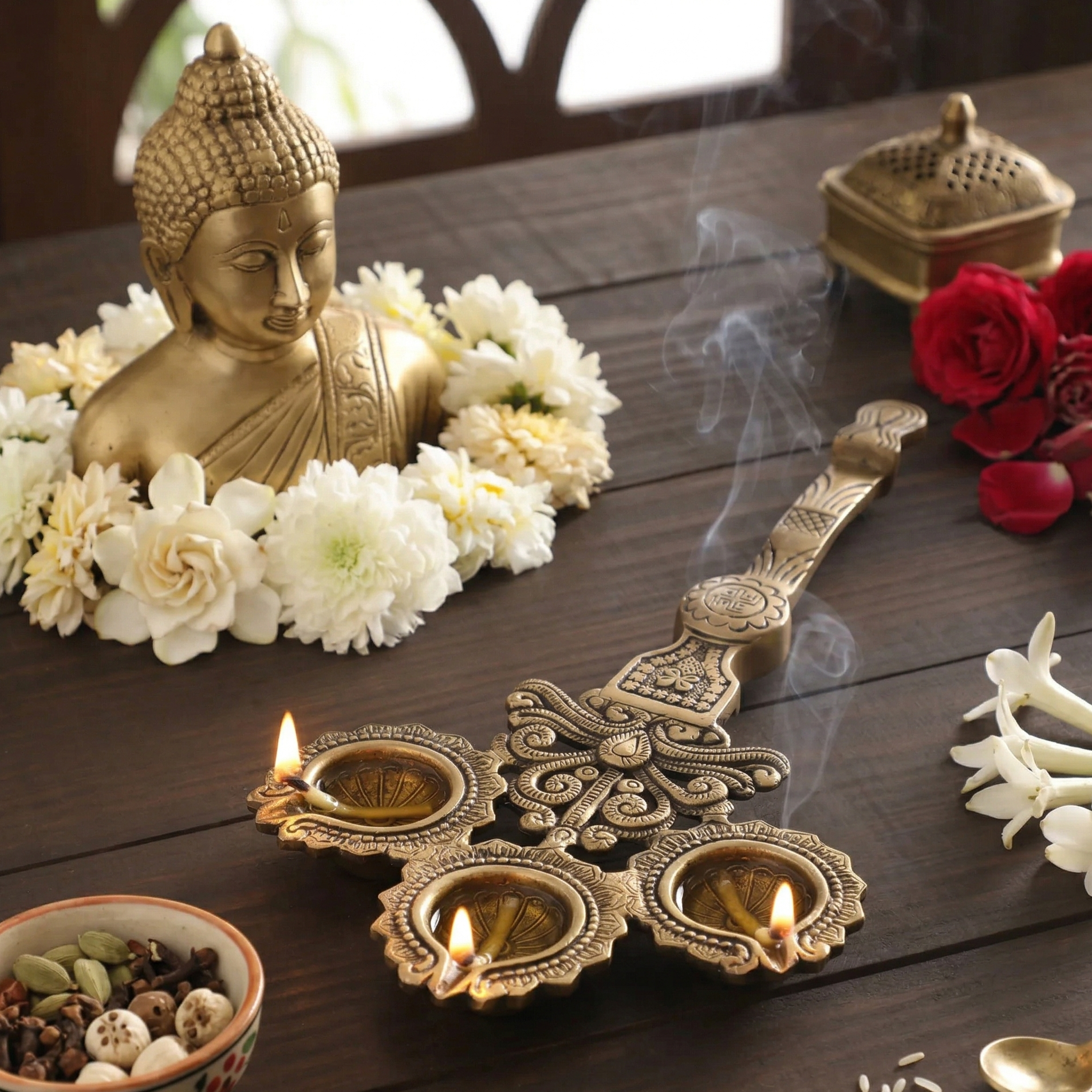 Three Wick Brass Oil Lamp