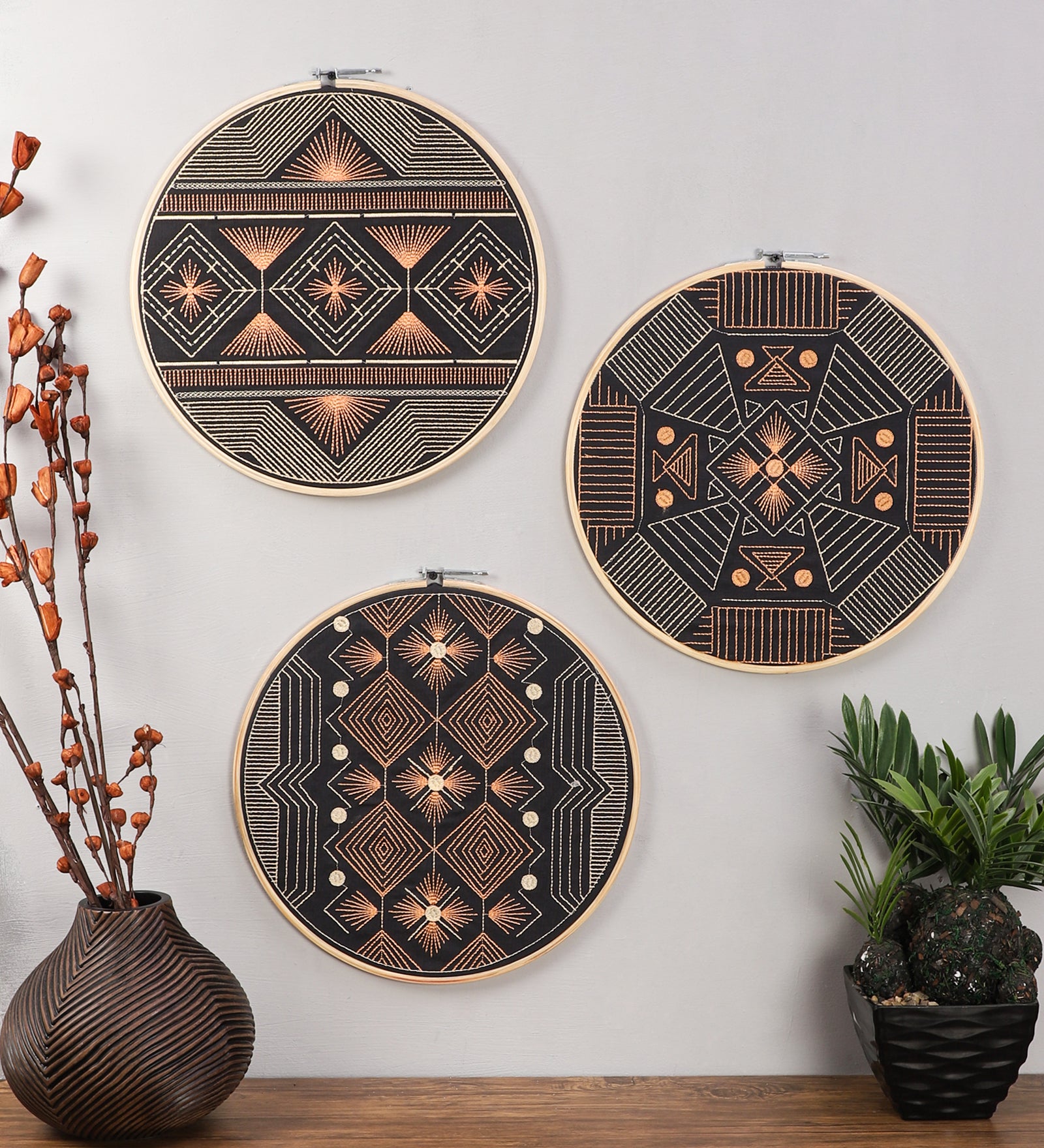 Black Embroidered Hoops (Single)