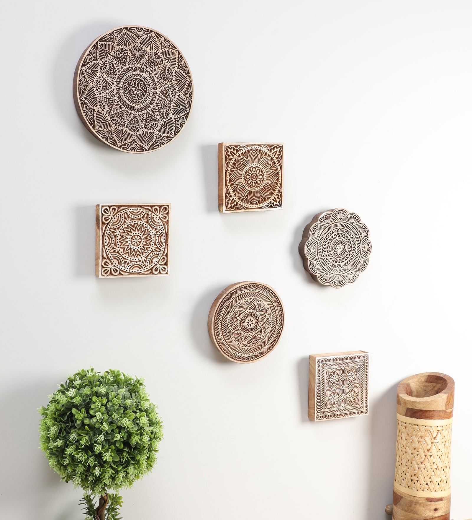 Ethnic Motifs - Handcarved Wood Wall Hanging (set of 6)