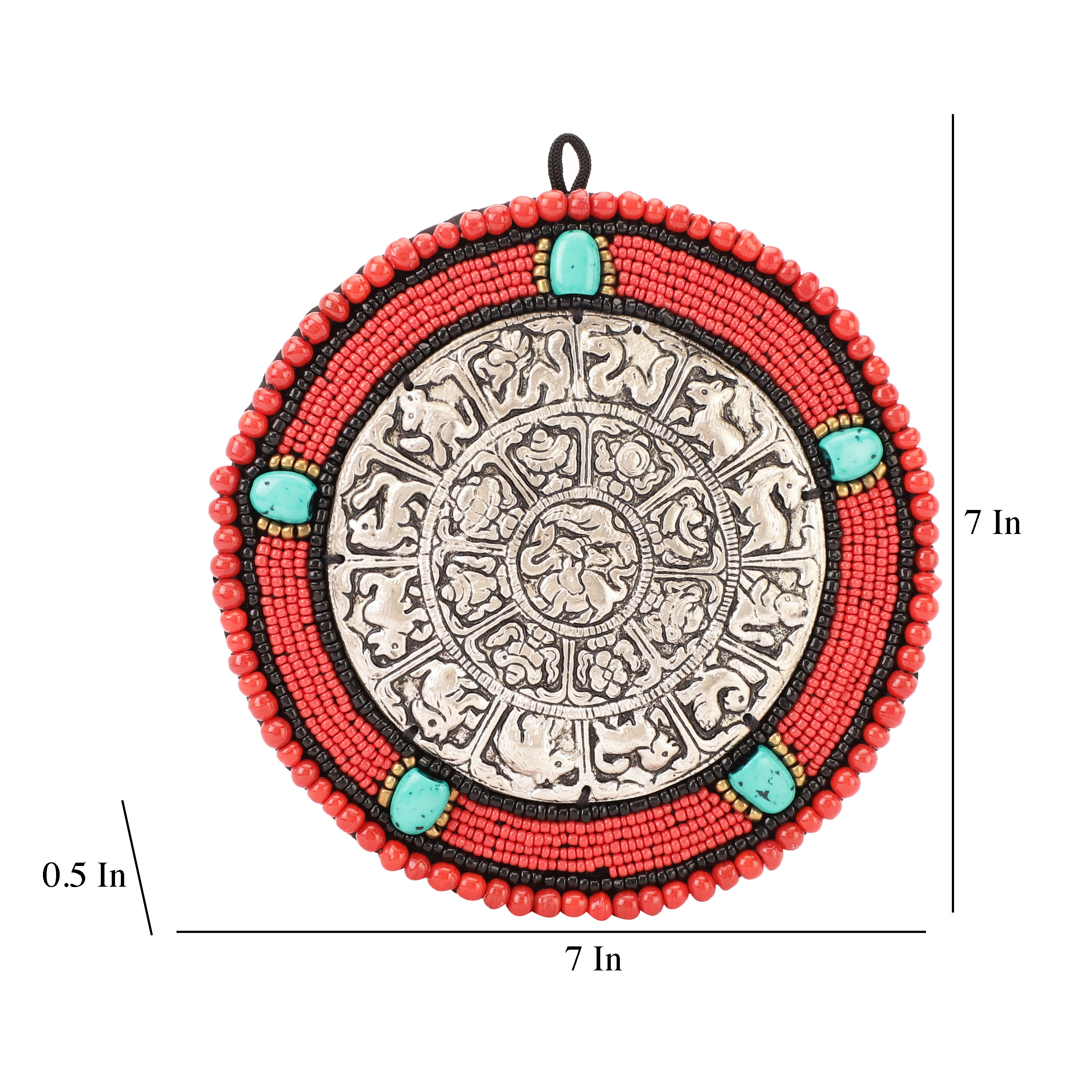 Red Beads and Stone Mandala Metal Wall Art