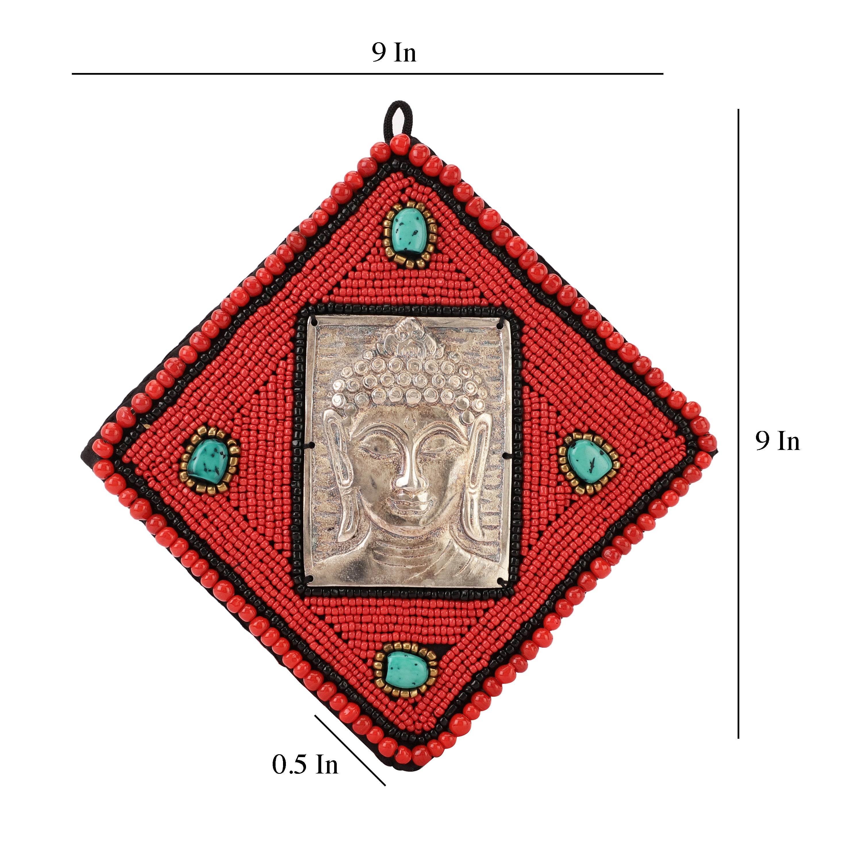 Red Beads and Stone Square Buddha Metal Wall Art