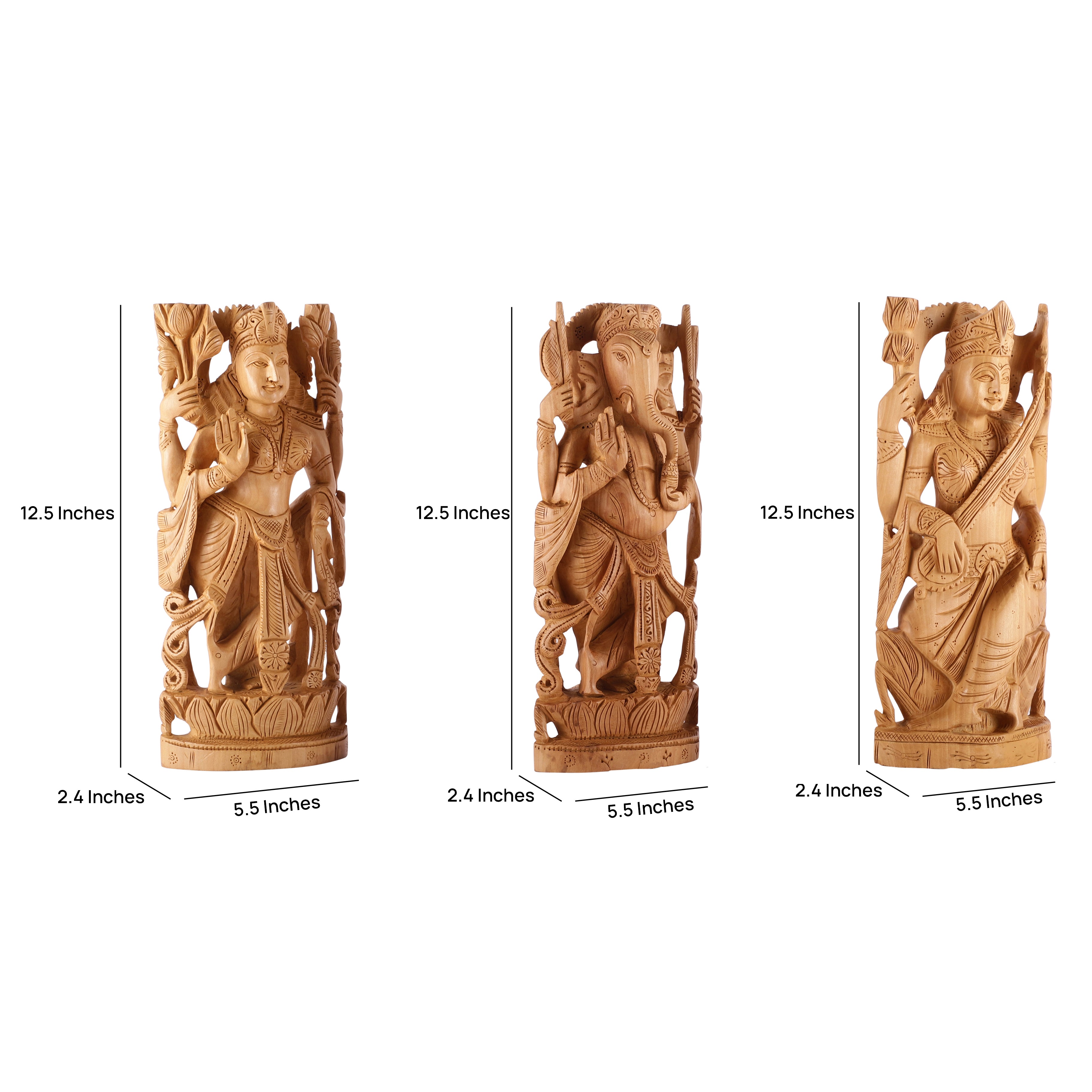 Ganesh Lakshmi Saraswati Wooden Carved Idols (Single)
