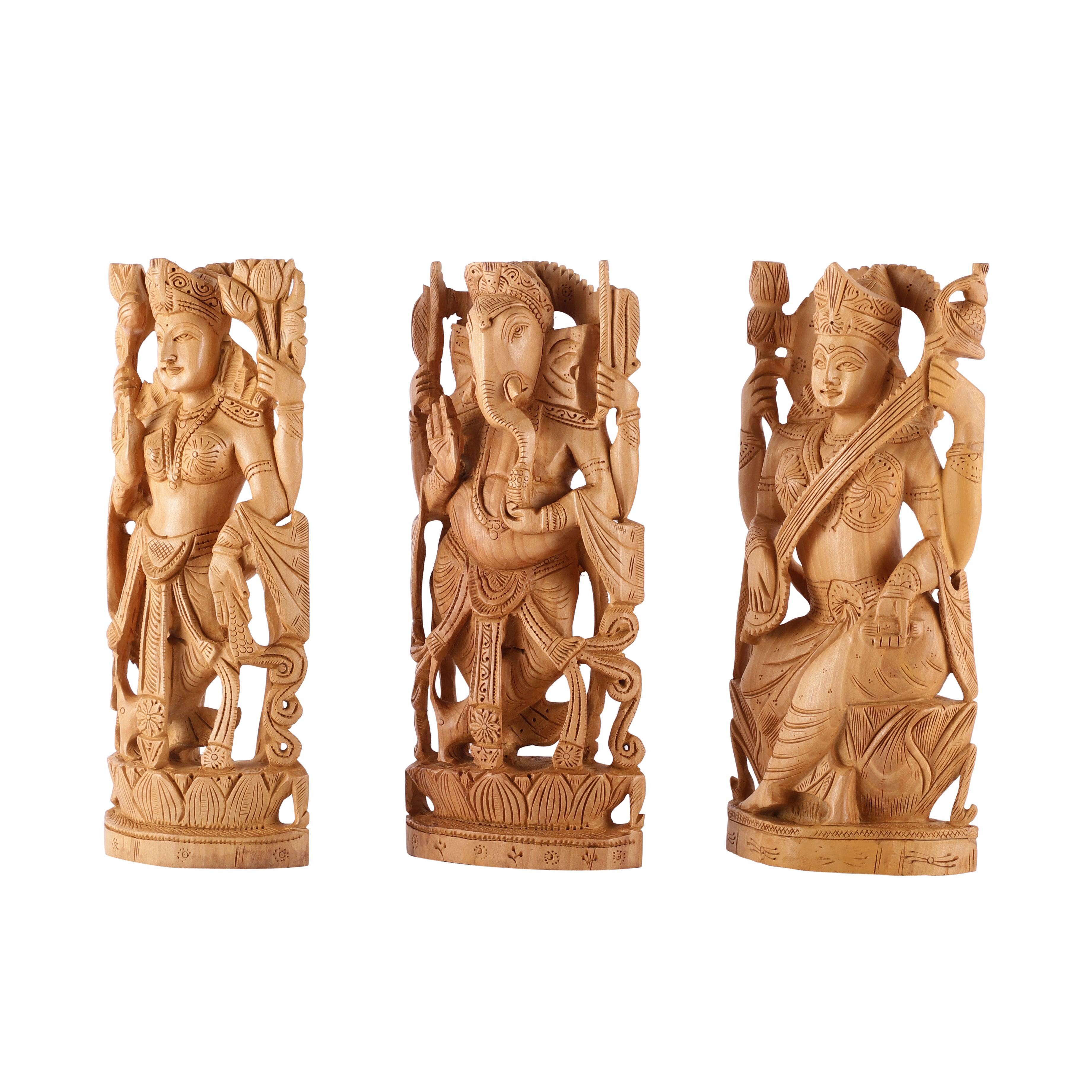 Ganesh Lakshmi Saraswati Wooden Carved Idols (Single)