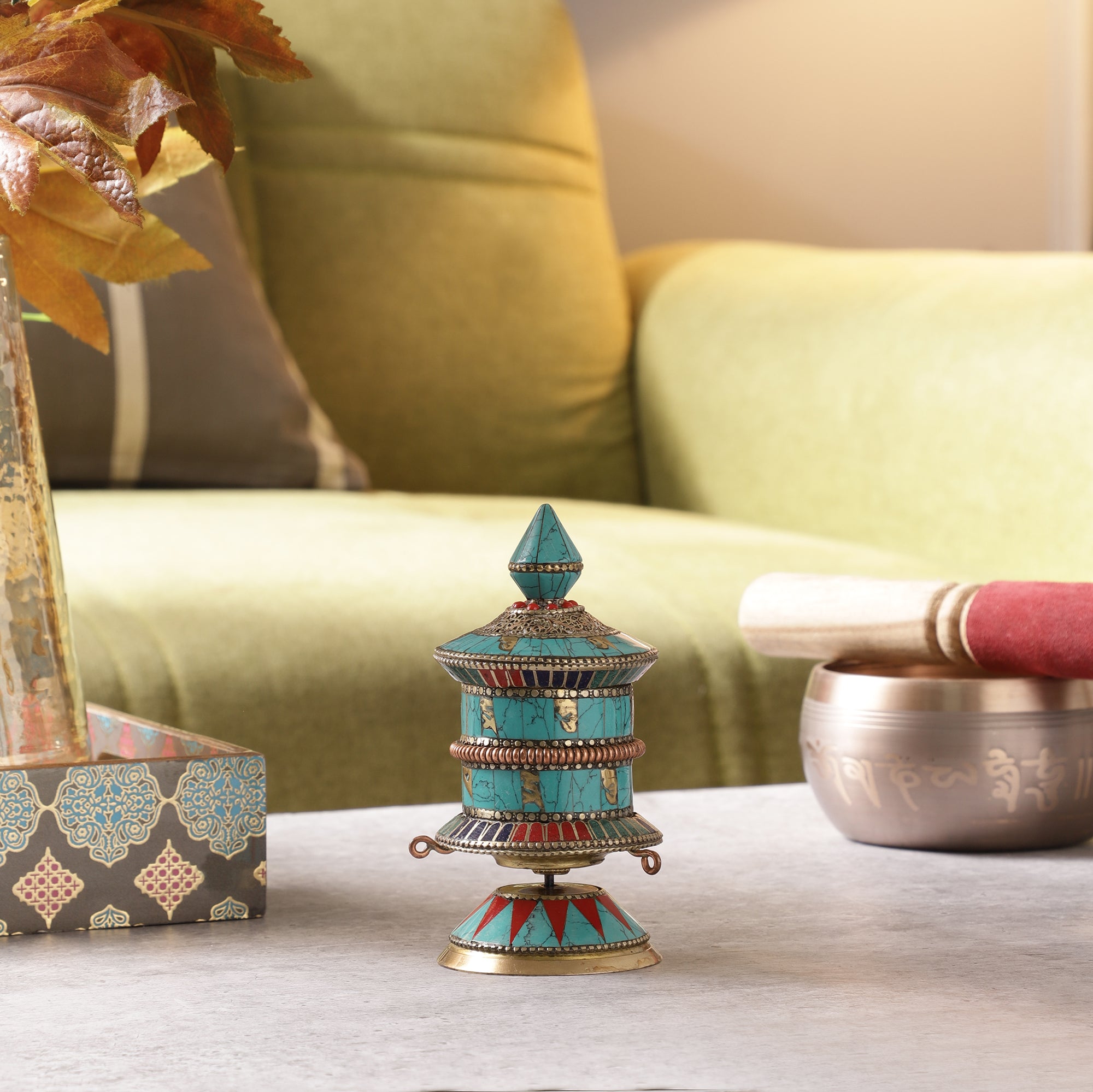 Double Deck Blue Stone Buddhist Prayer Wheel (Table Top)