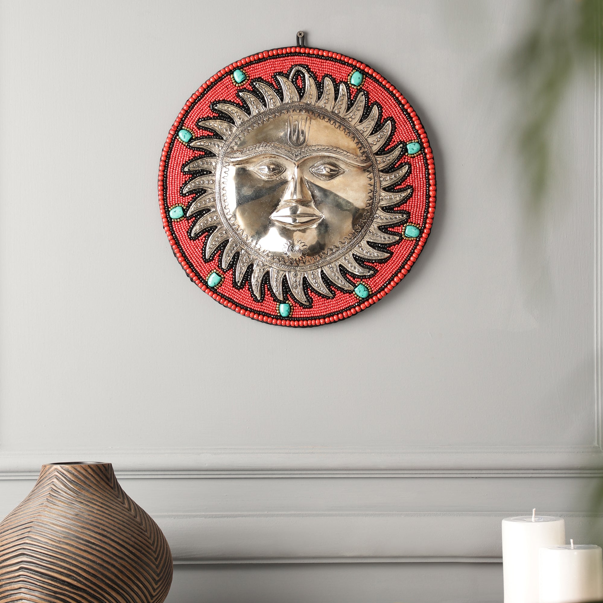 Red Beads and Stone Sun Metal Wall Art