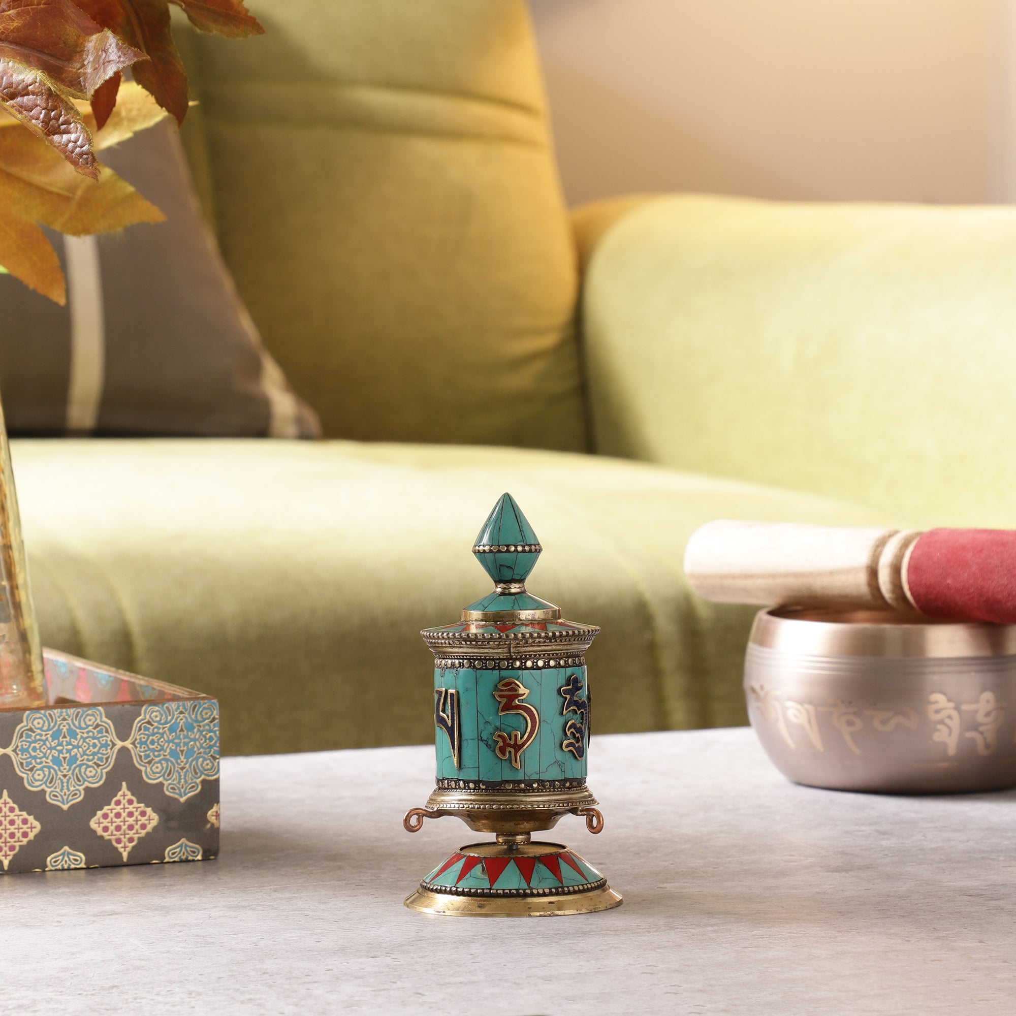 Buddhist Script Blue Stone Buddhist Prayer Wheel (Table Top)