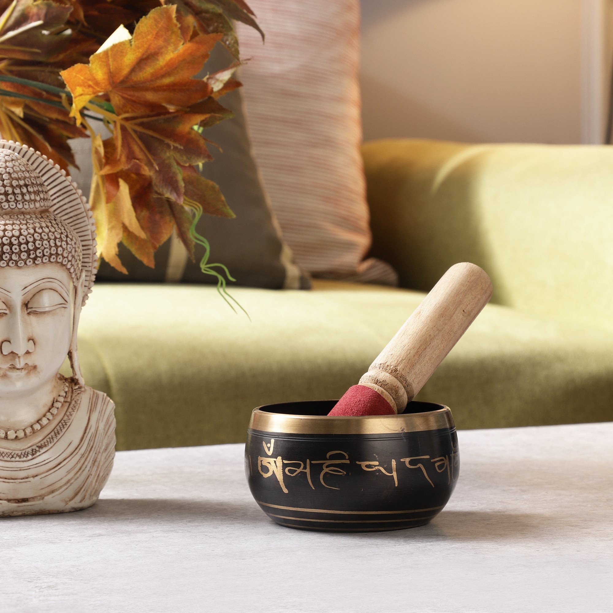 Buddha Star Carving Black Tibetan Singing Bowl (with stick)