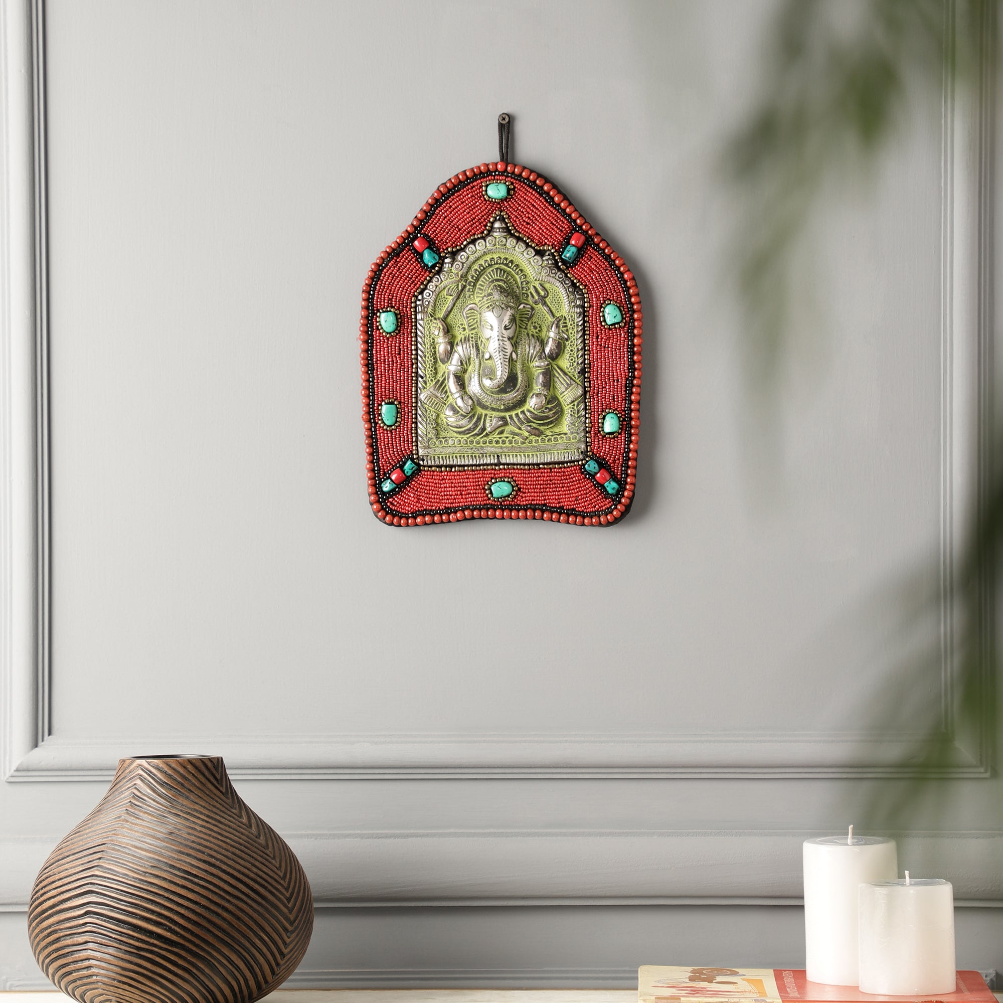 Red Beads and Stone Ganesh Mandir Metal Wall Art