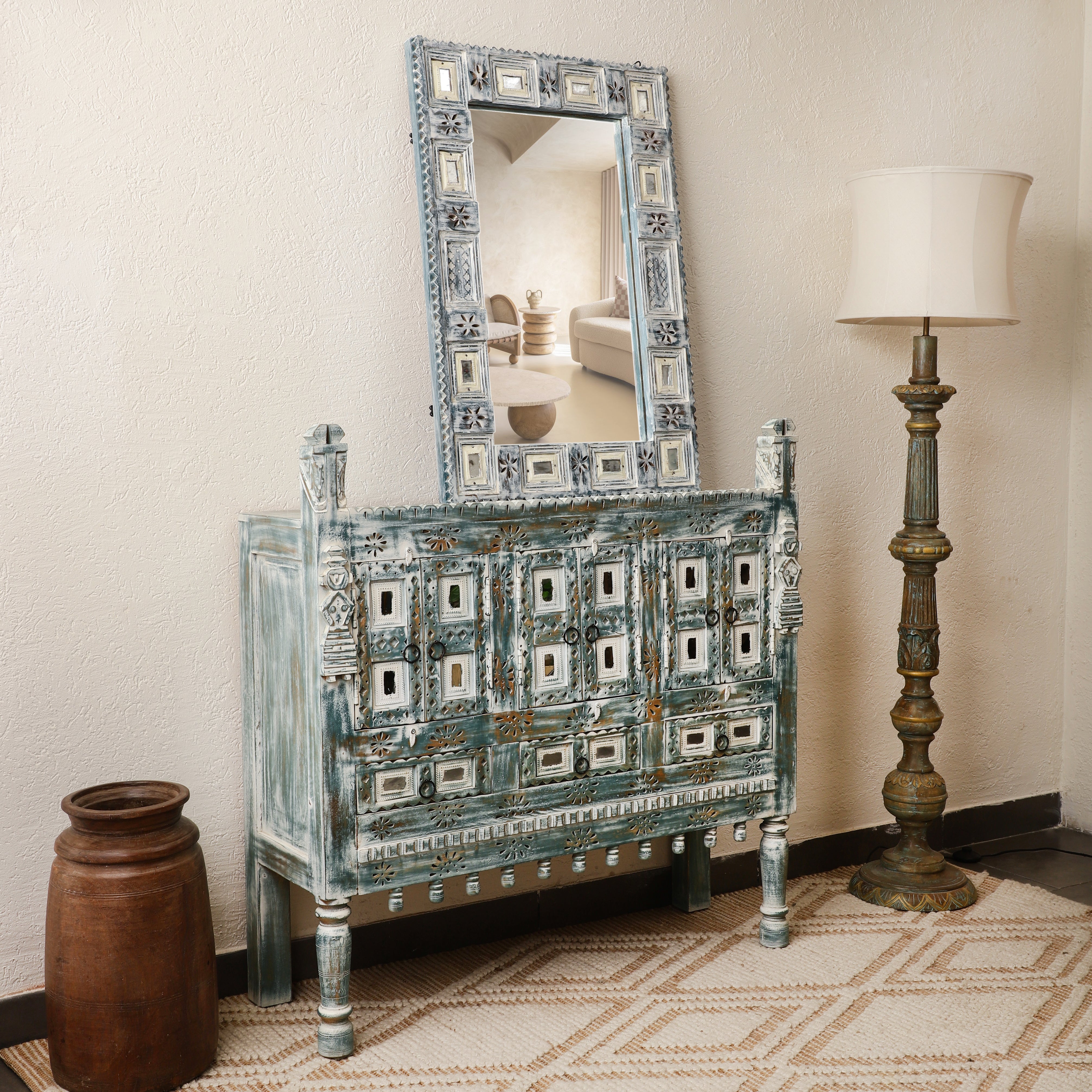 Blue Damchi Console Table and Mirror