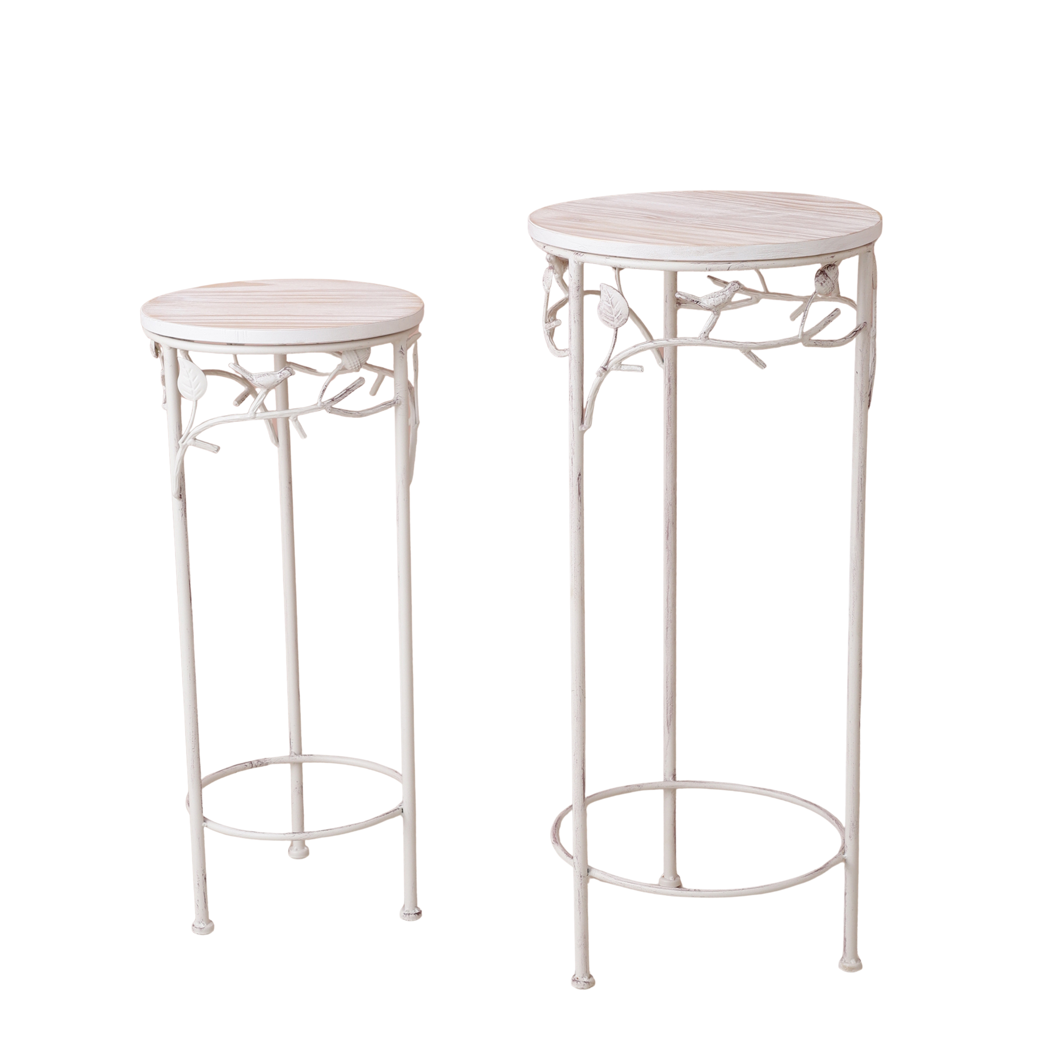 Round Bird Pattern Wood & Metal Tables (Set of 2)