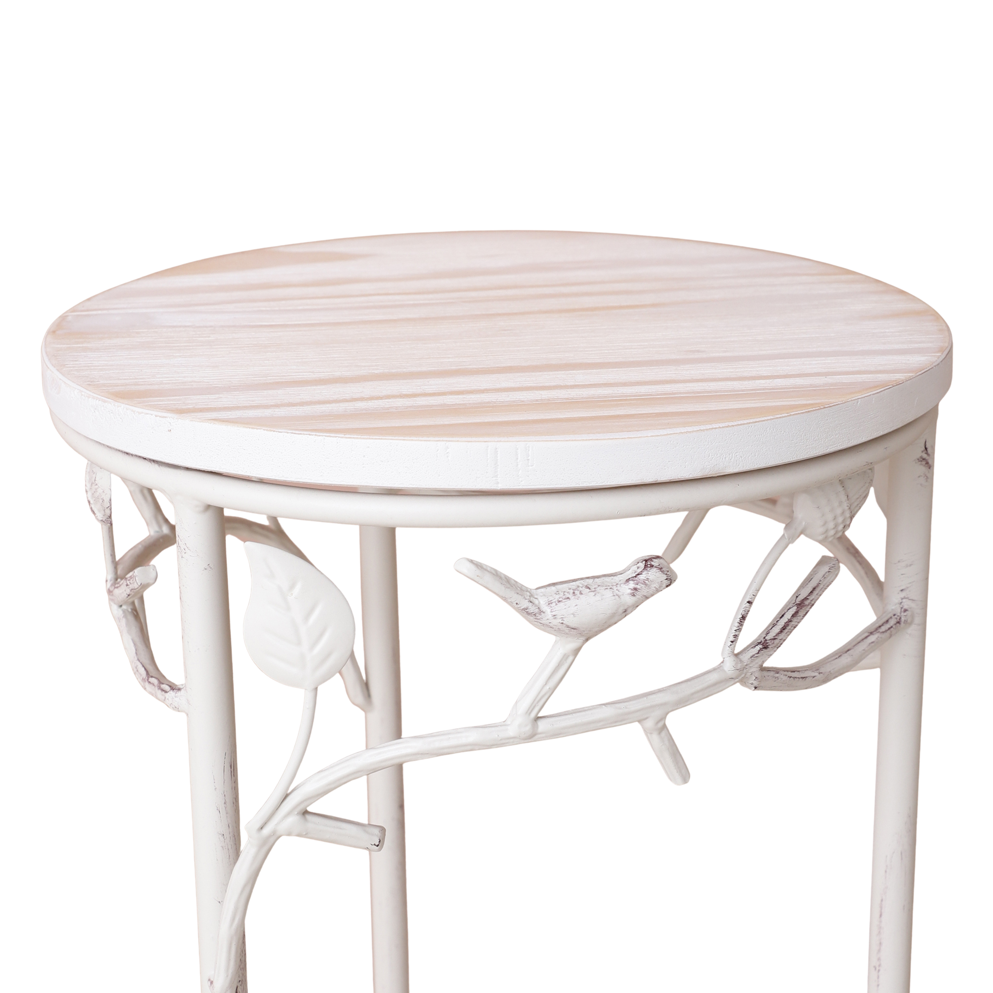 Round Bird Pattern Wood & Metal Tables (Set of 2)