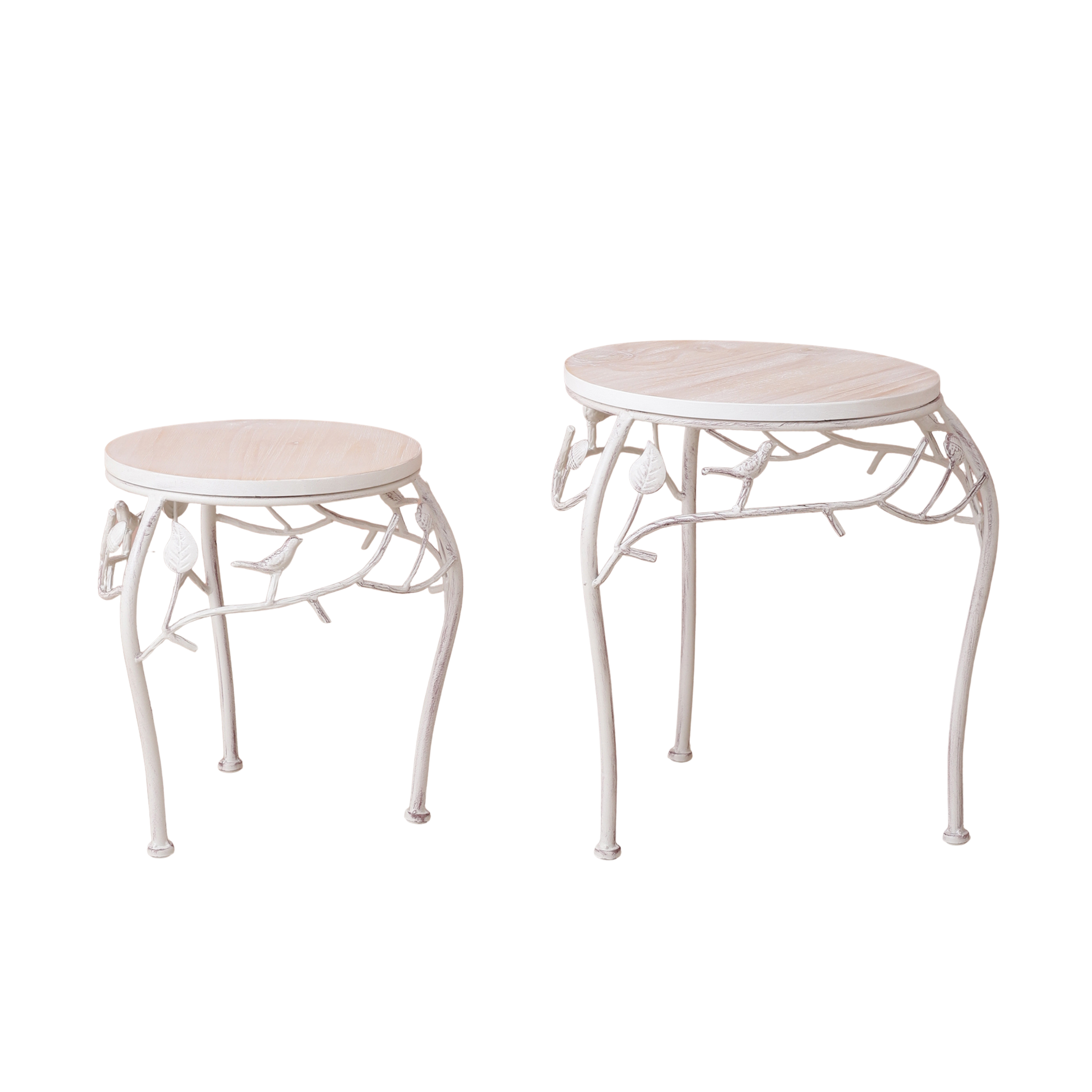 Round Bird Pattern Wood & Metal Short Tables (Set of 2)