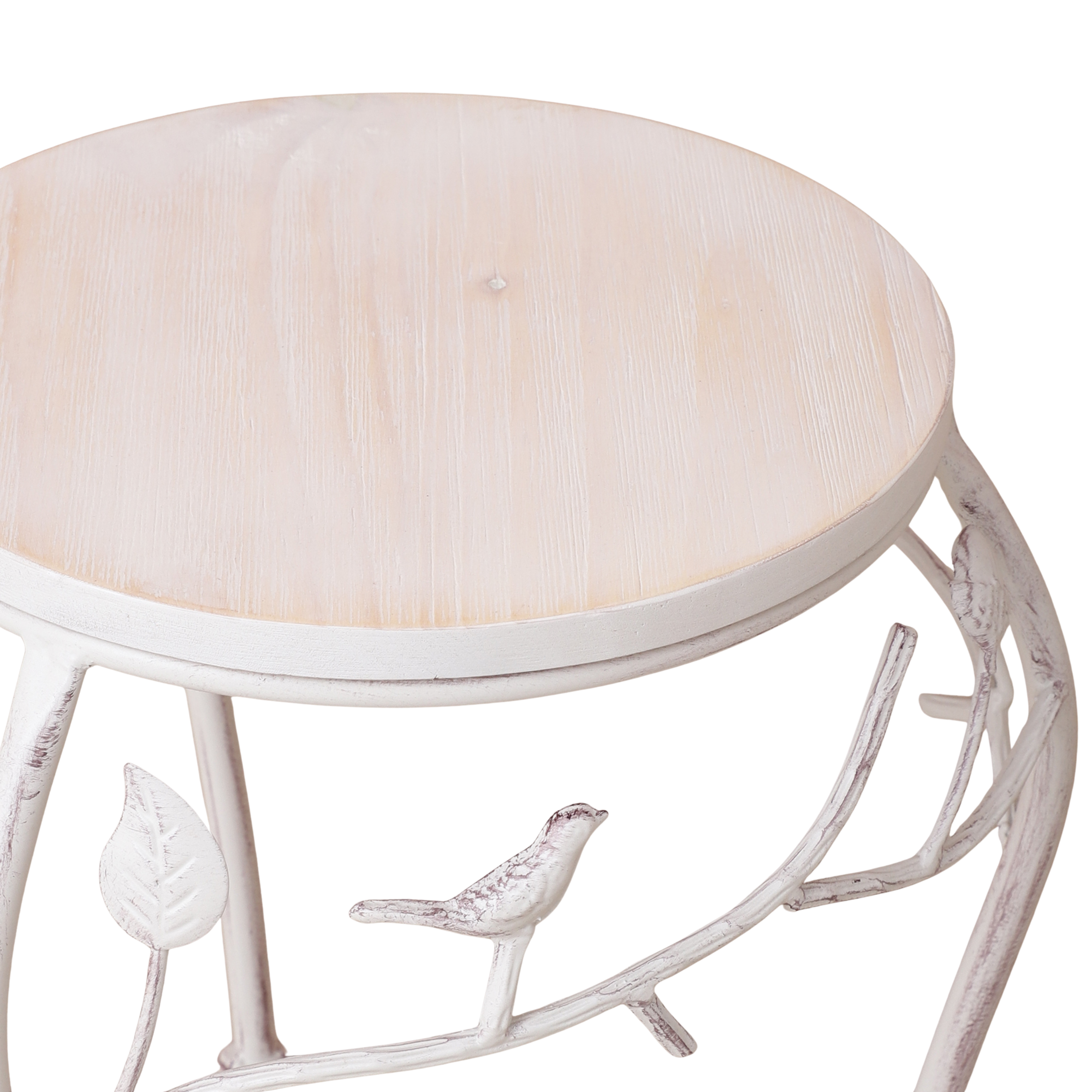 Round Bird Pattern Wood & Metal Short Tables (Set of 2)