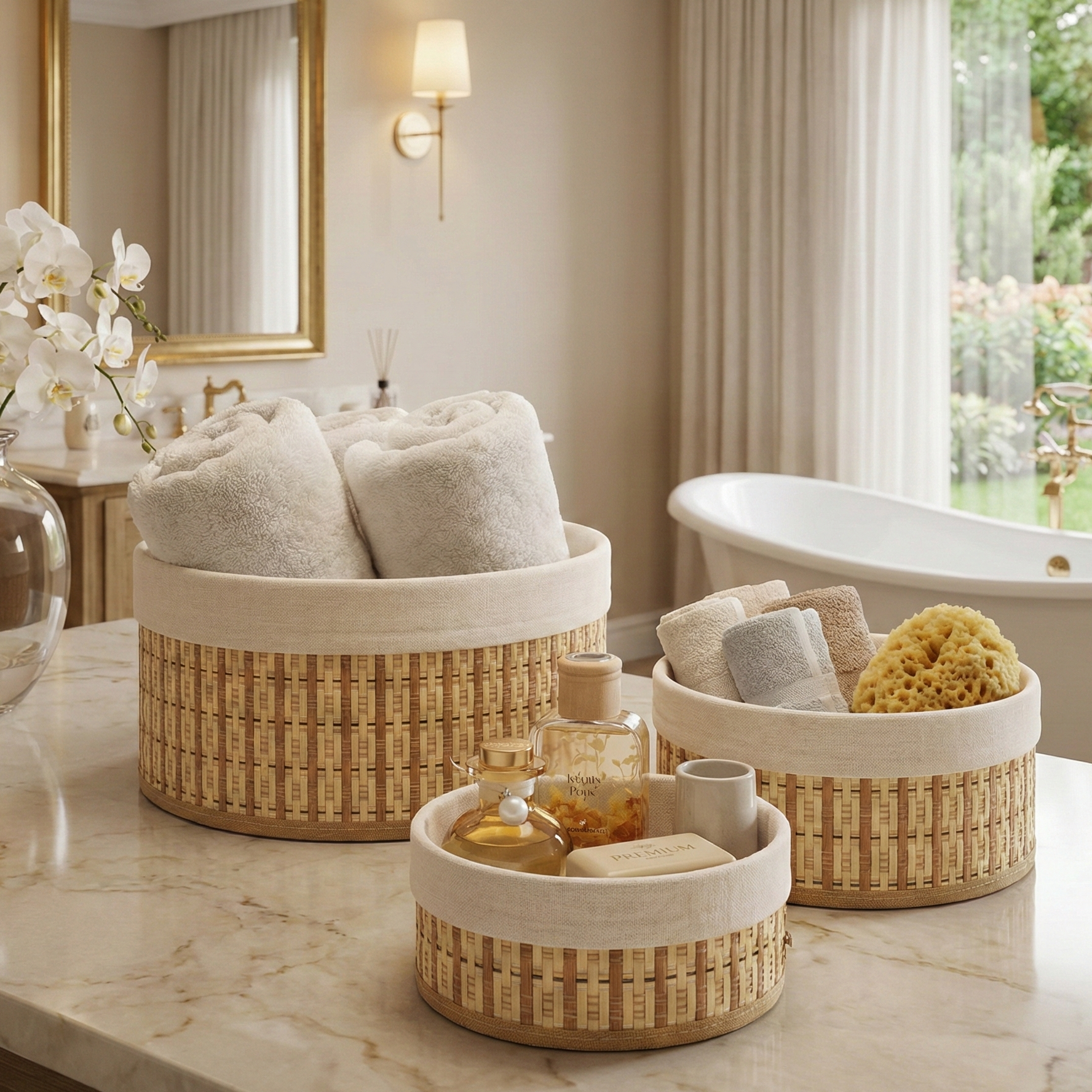 Bamboo Lined Storage Baskets (Set of 3) - Round