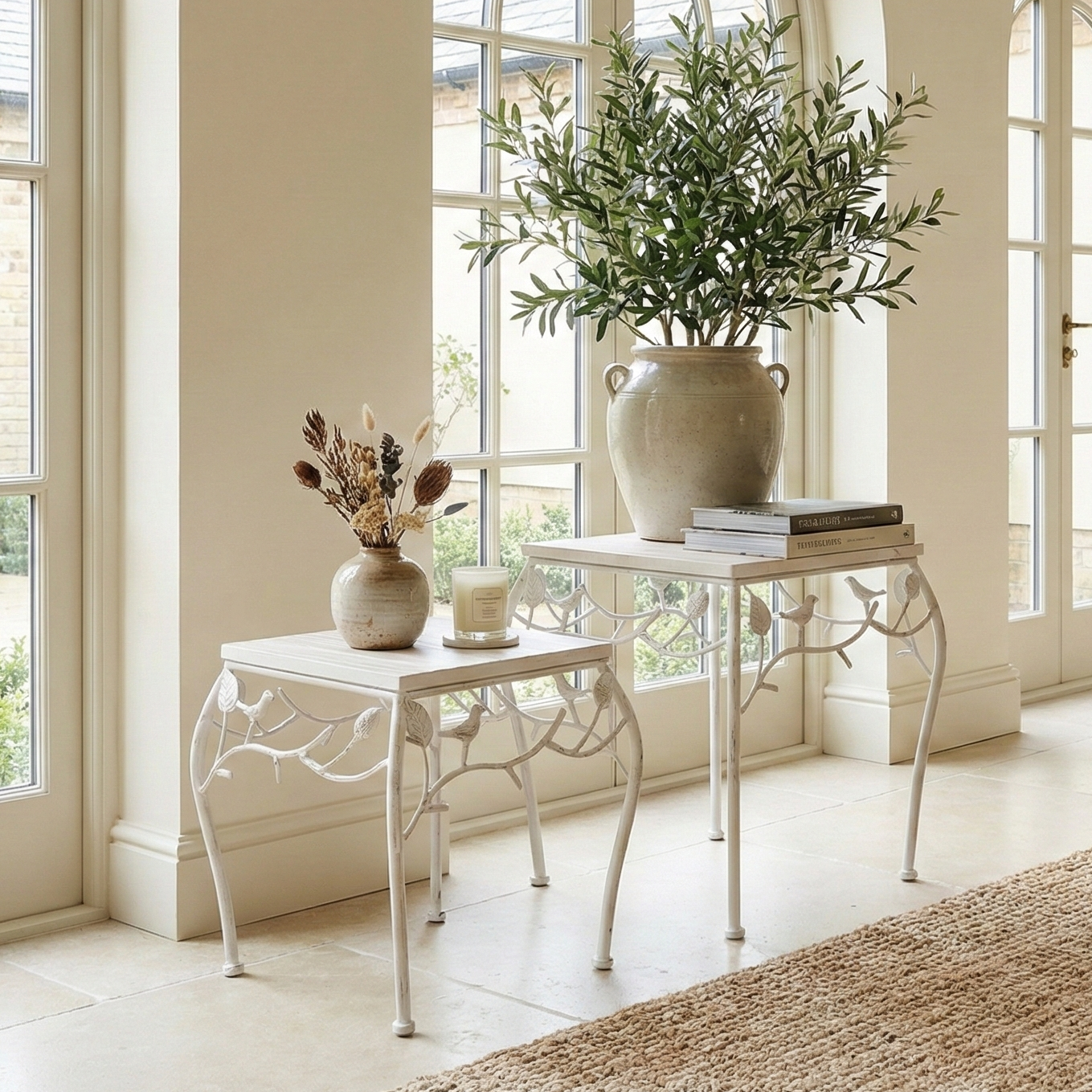 Square Bird Pattern Wood & Metal Short Tables (Set of 2)