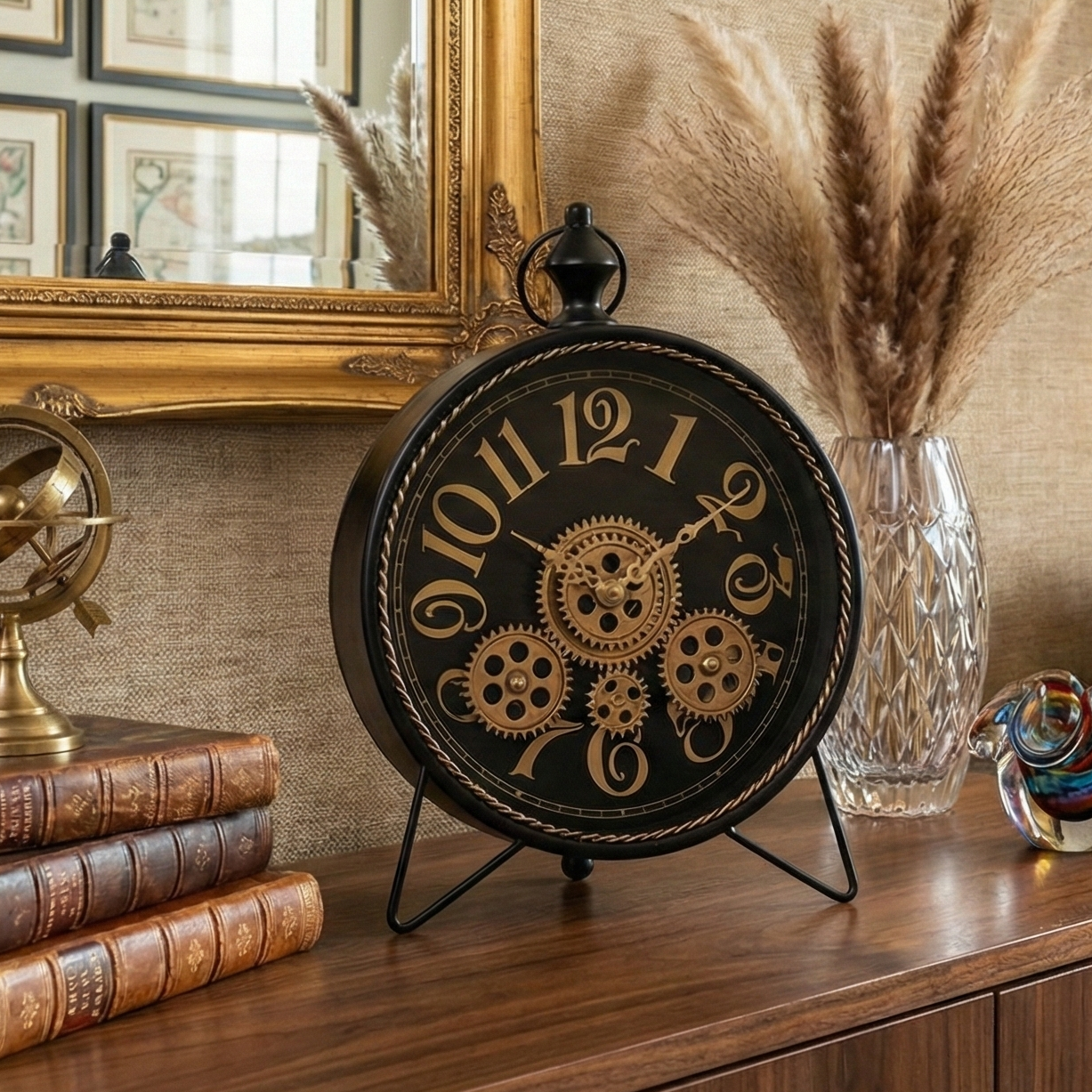 Round Vintage Black Table Clock