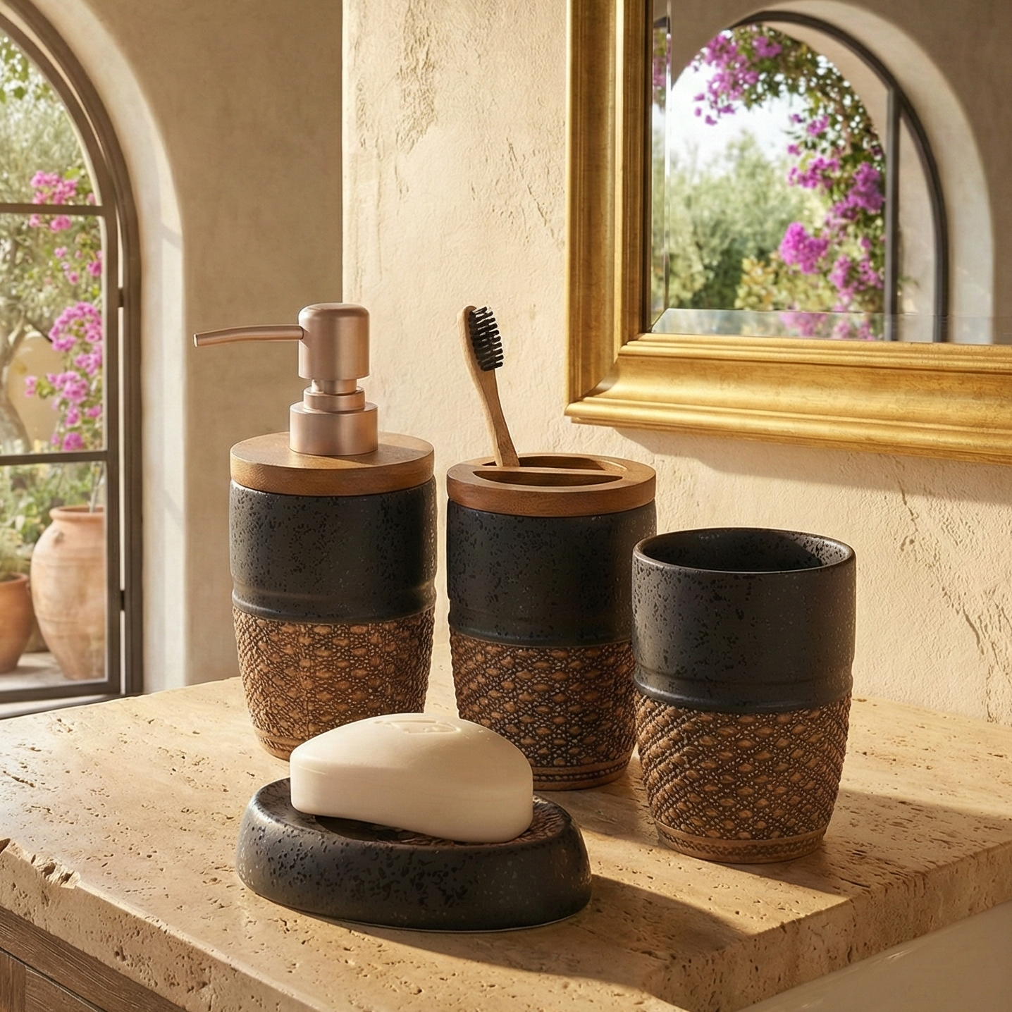 Long Meshed Pattern 4 Piece Bath Set (Black)