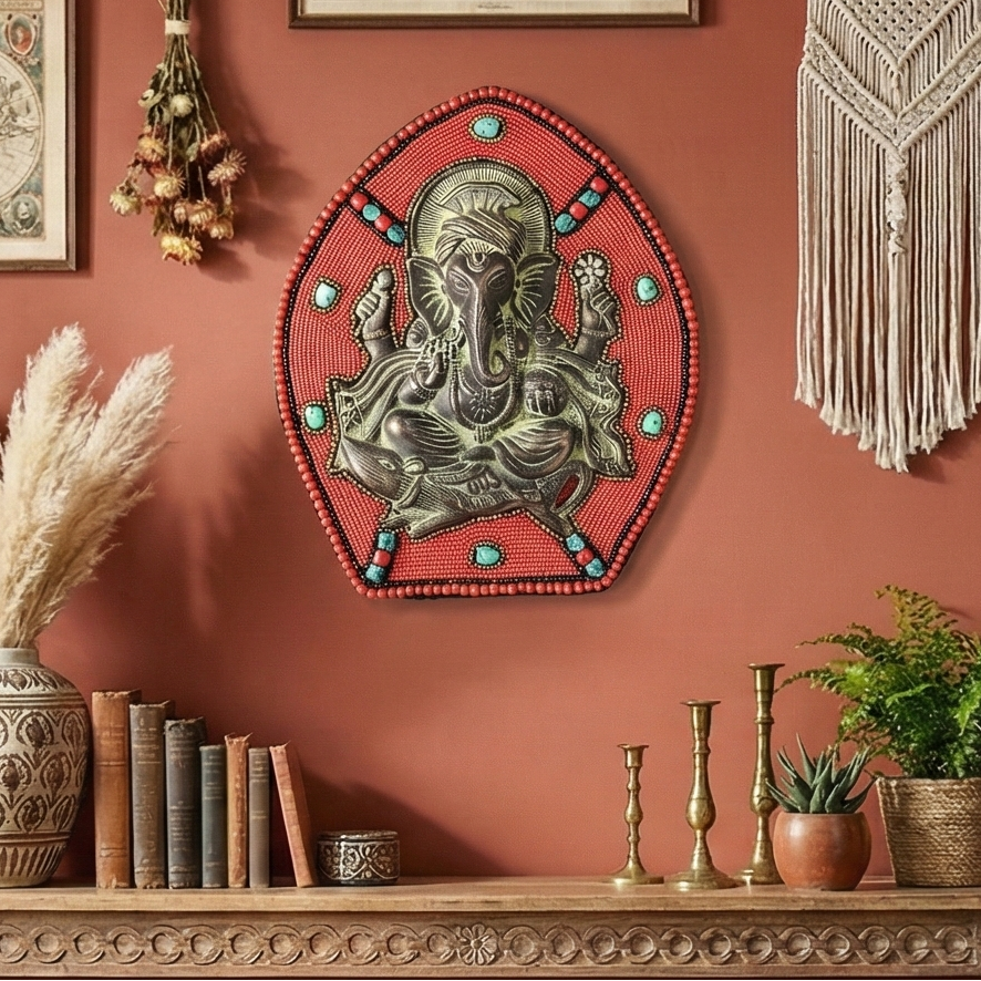 Red Beads and Stone Ganesh Metal Wall Art
