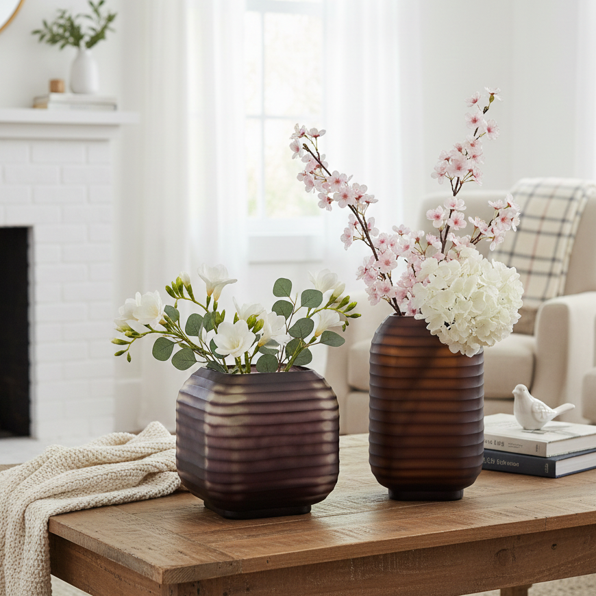 Dual Tone Ribbed Brown Glass Vase (Single)