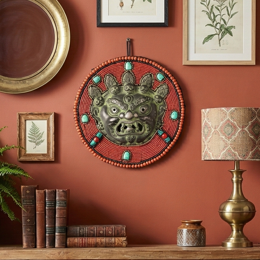 Red Beads and Stone Tribal Metal Wall Art