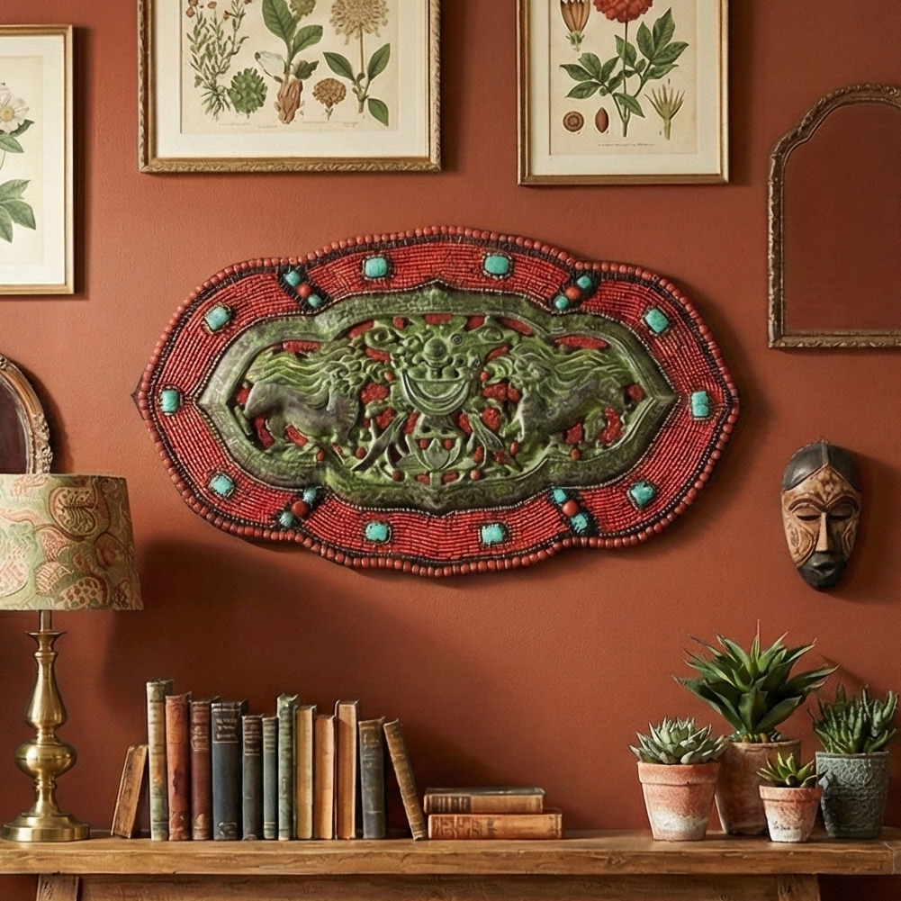 Red Beads and Stone Singay Metal Wall Art