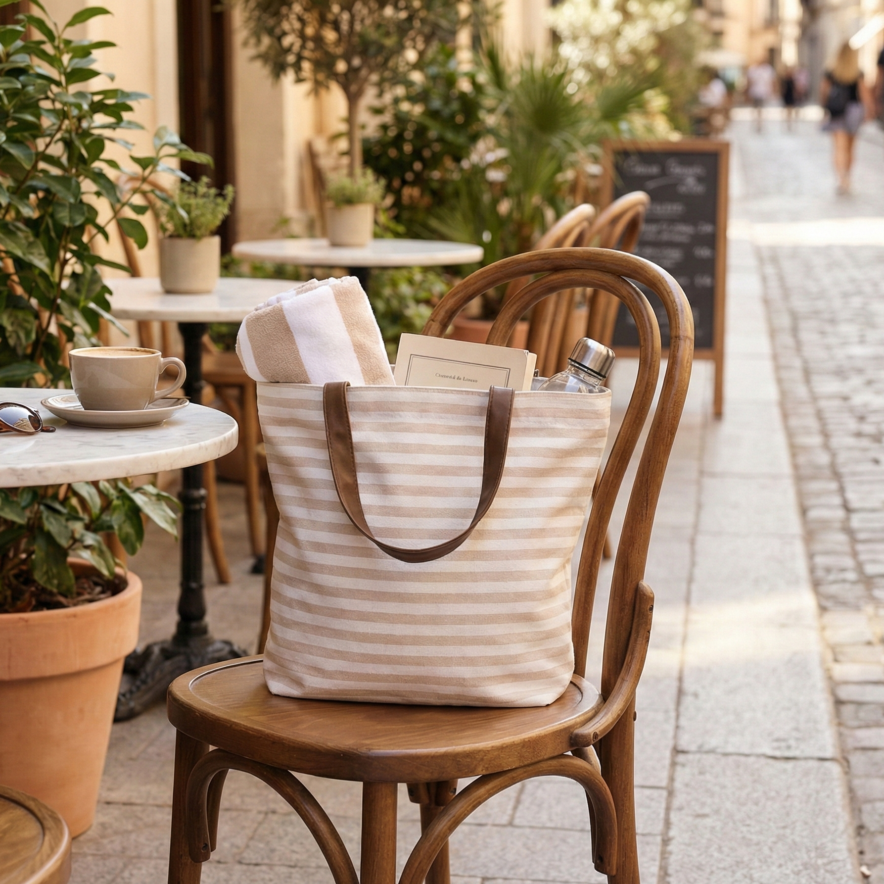 Beige Stripe CarryAll Tote with Leather Handles