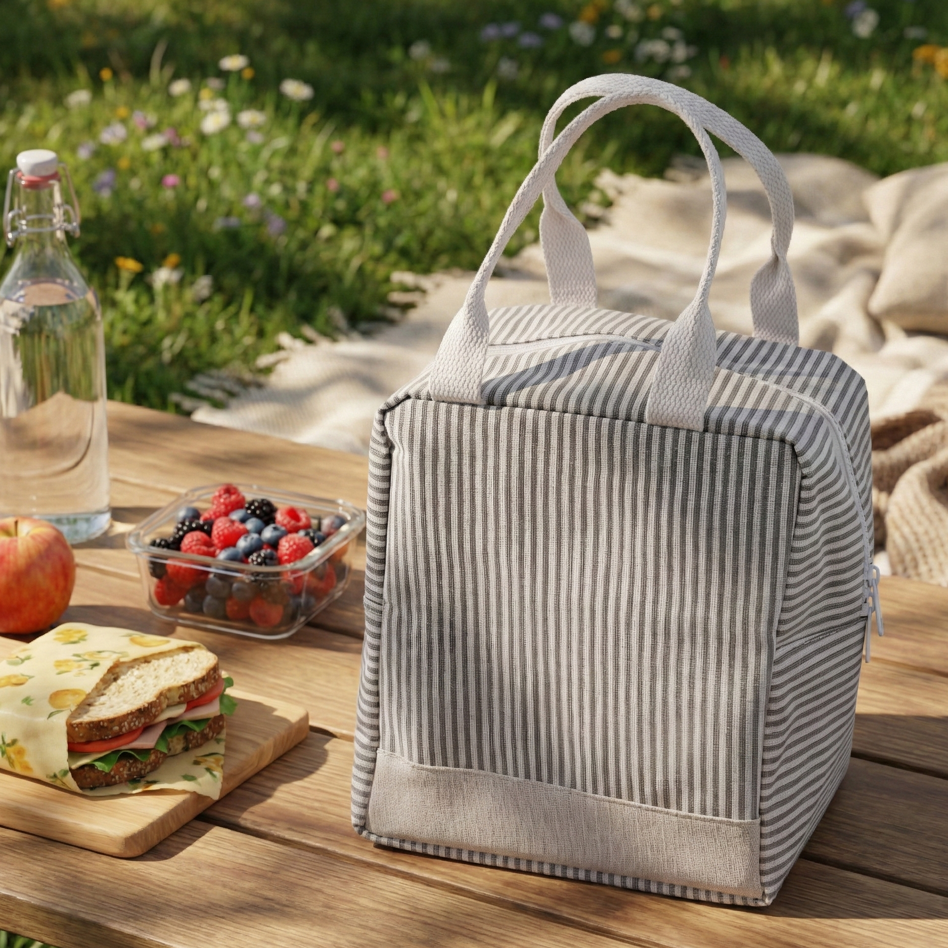Modern Striped Insulated Lunch Bag (Grey)
