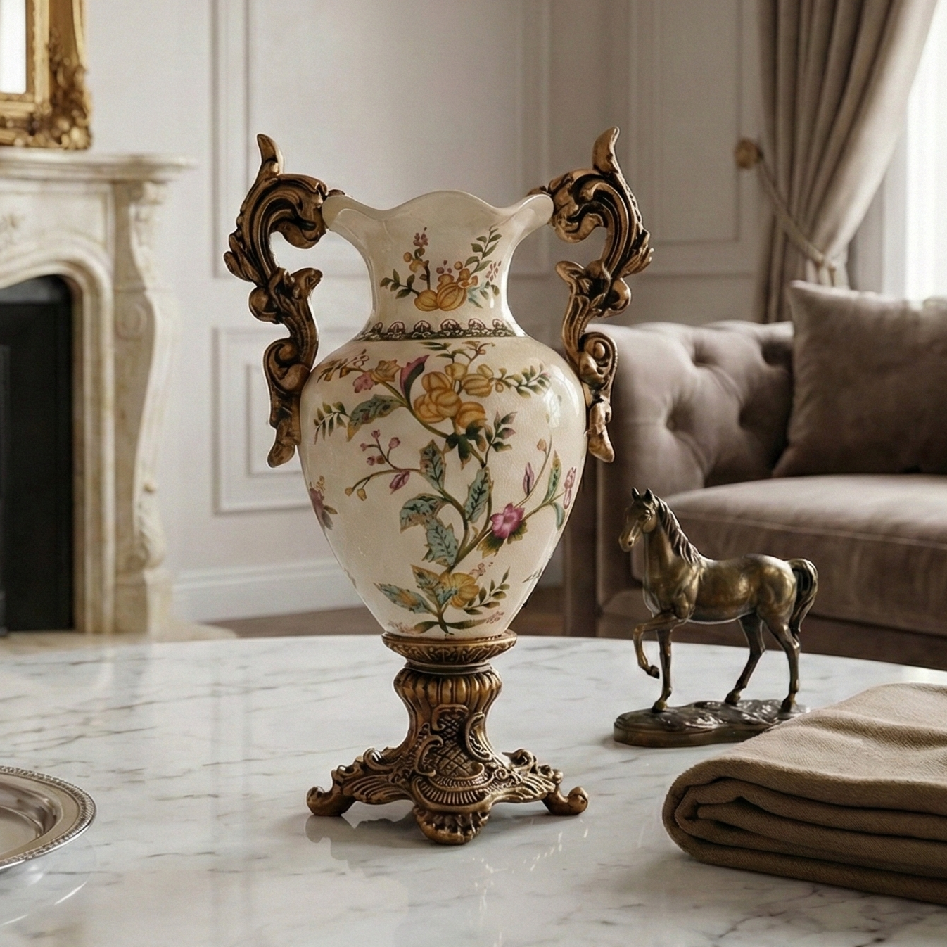 Yellow Regal Ceramic Vase with Gold Handles