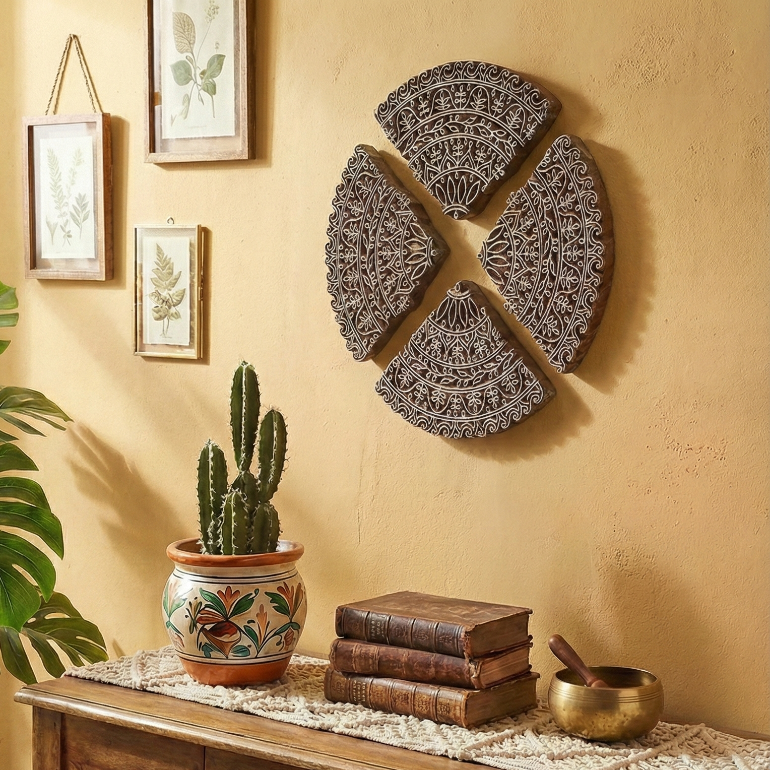 Ethnic Motifs - Handcarved Round Wall Hanging (set of 4)