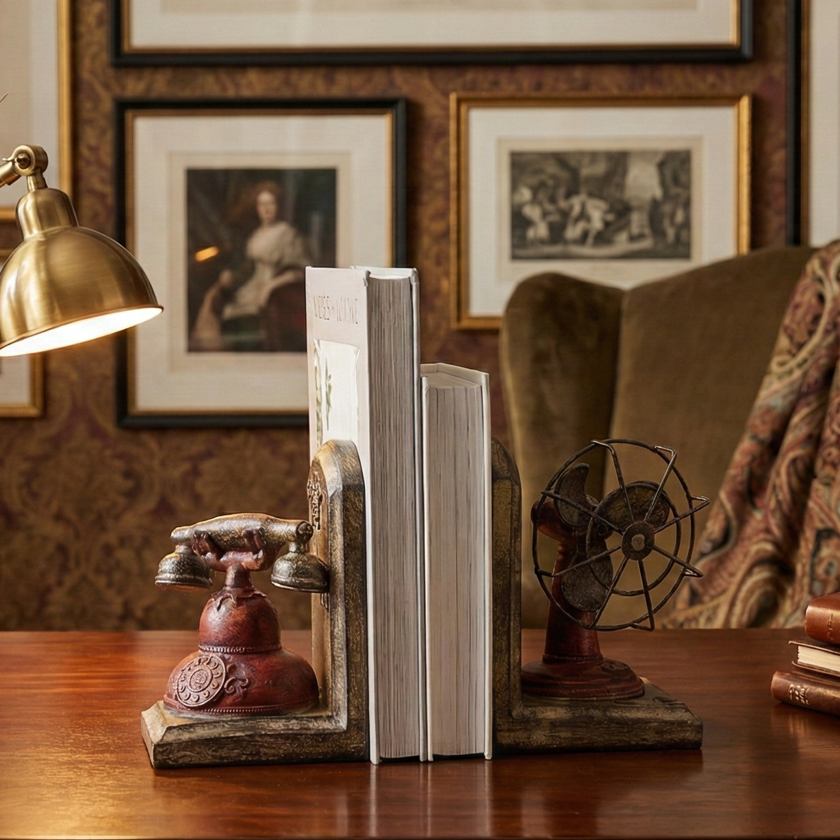 Antique Telephone & Fan Bookends