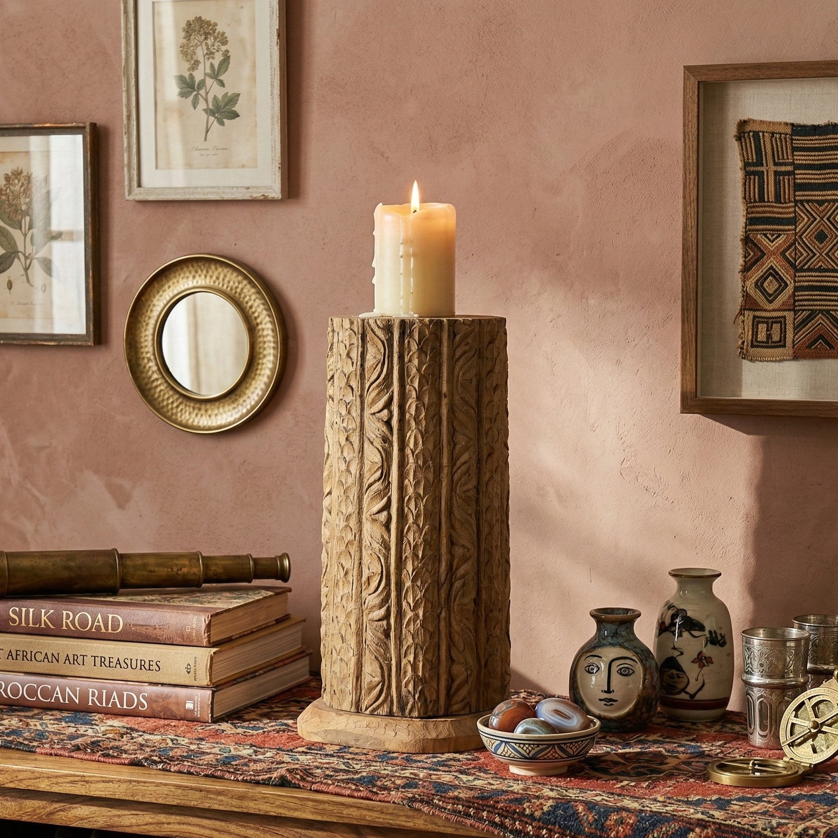 Antique Carved Wooden Candle Pillar (Round)