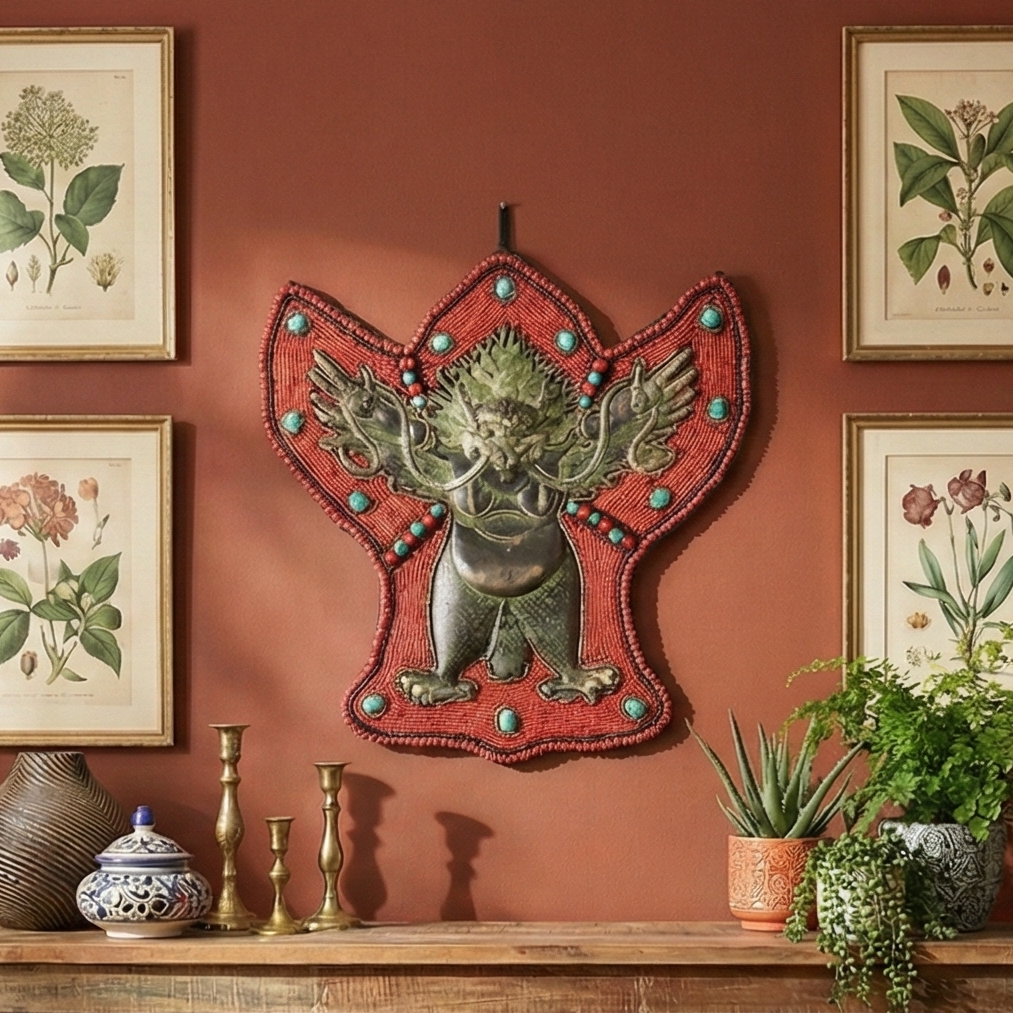 Red Beads and Stone Garuda Metal Wall Art