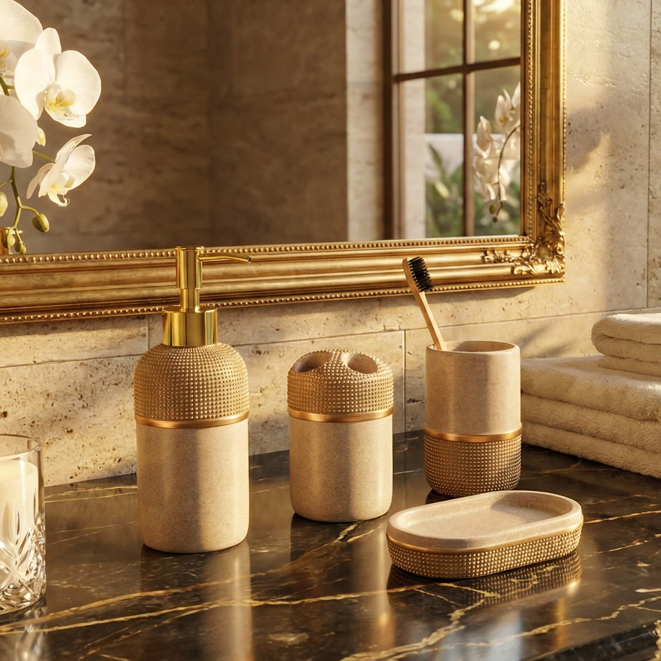 Pebbled Luxe 4 Piece Bath Set (Beige/Gold)