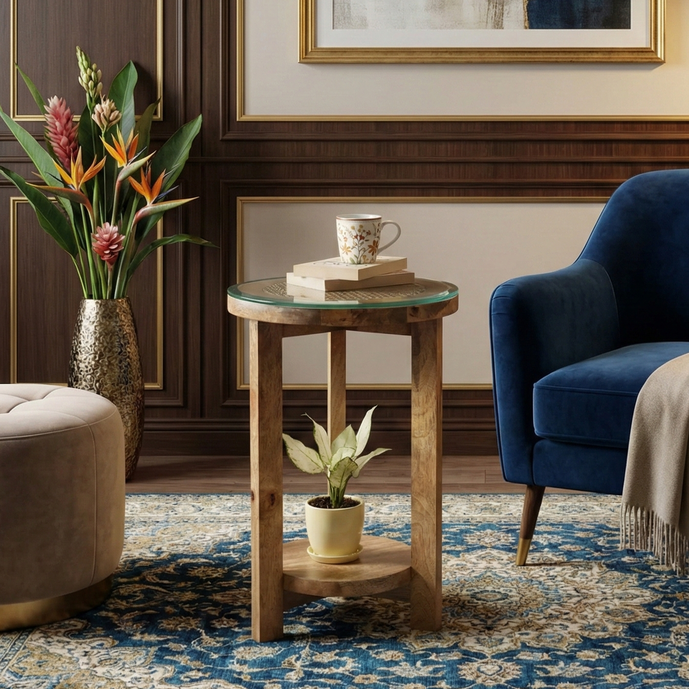 Cane Glass Top Wooden Side Table