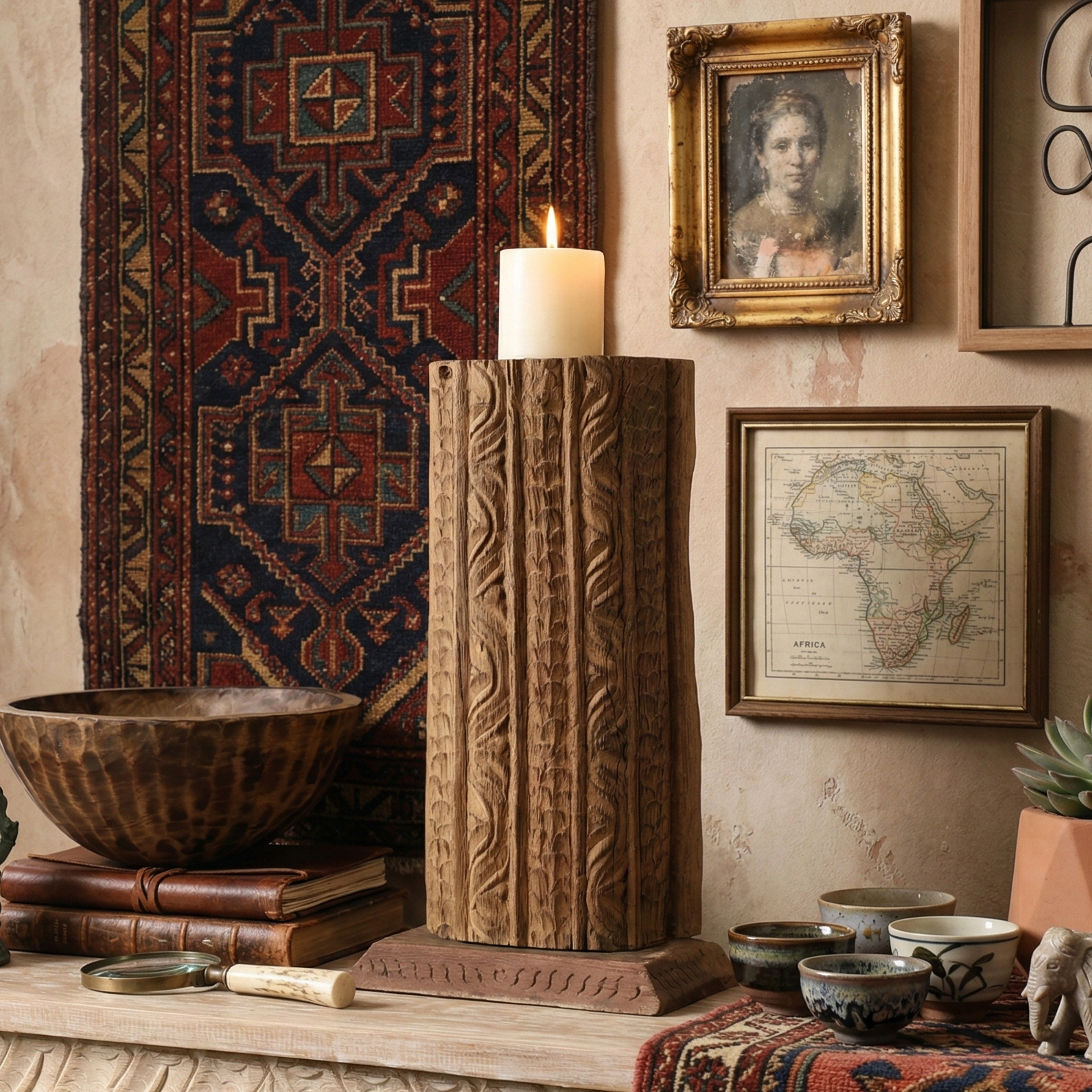 Antique Carved Wooden Candle Pillar (Half-Round)