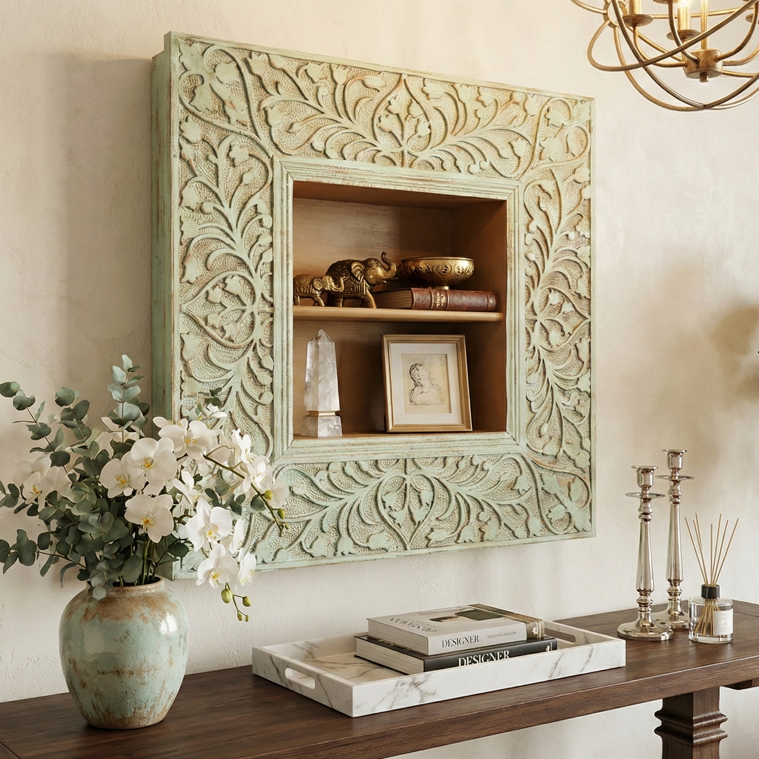 Inaayat Hand Carved Green Frame Wall Shelf