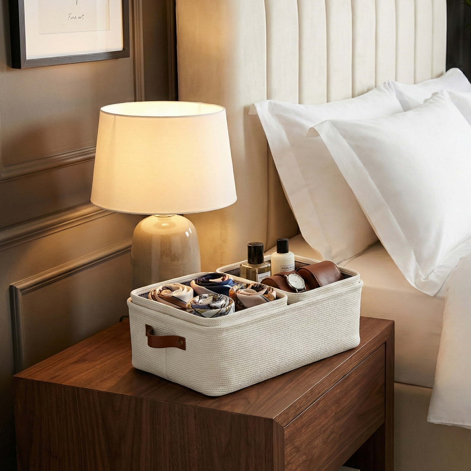 Off-White Storage Set with Leather Pulls (Set of 3)