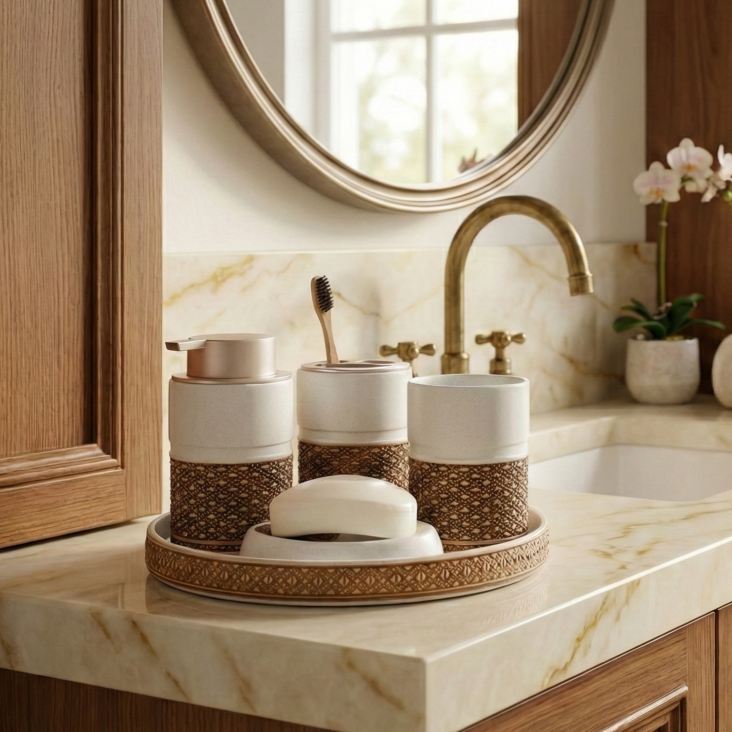 Meshed Pattern 5 Piece Bath Set (White)