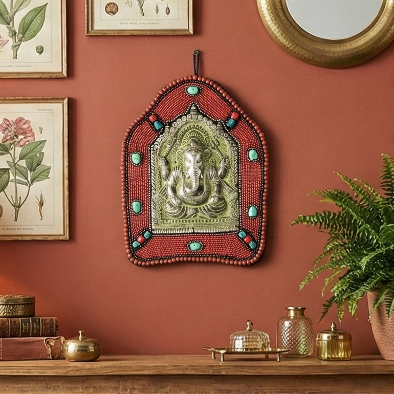 Red Beads and Stone Ganesh Mandir Metal Wall Art