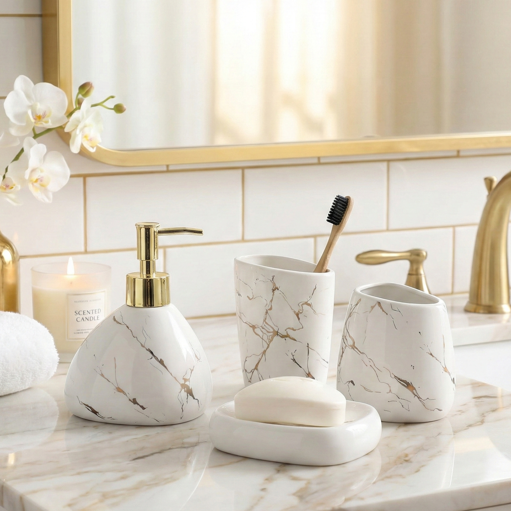 White-Gold Marble Pattern 4 piece Bath Set (Asymetrical)