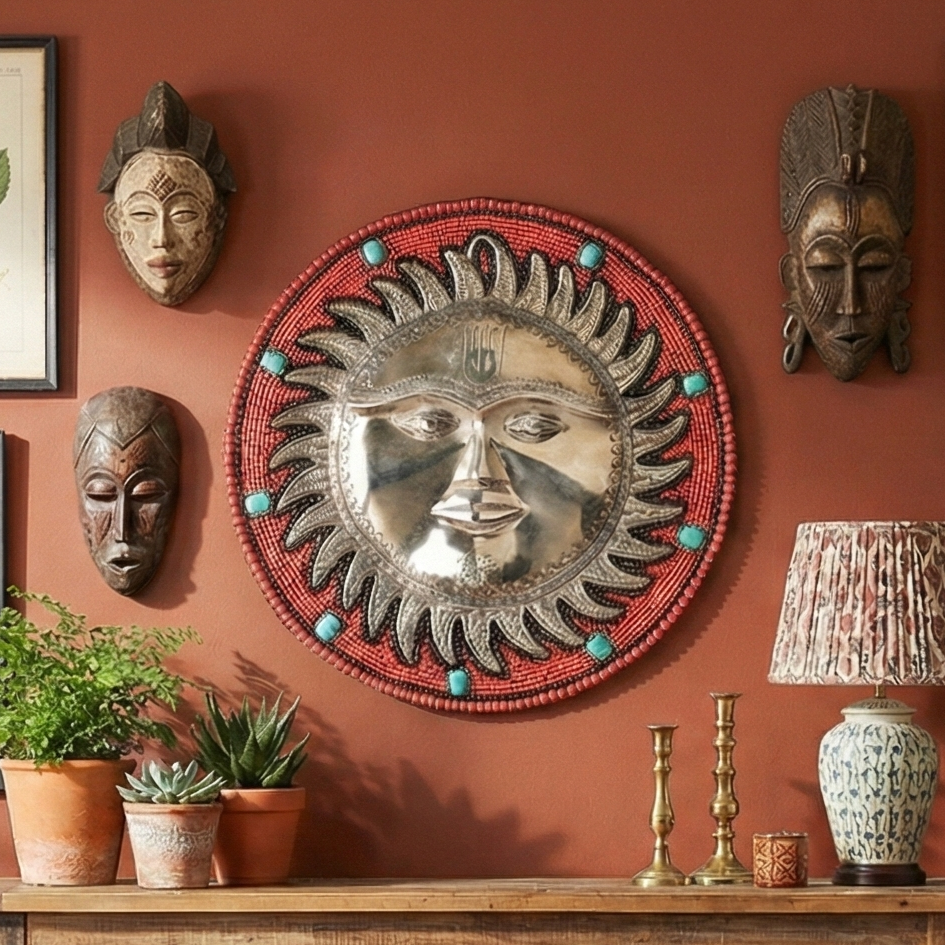 Red Beads and Stone Sun Metal Wall Art