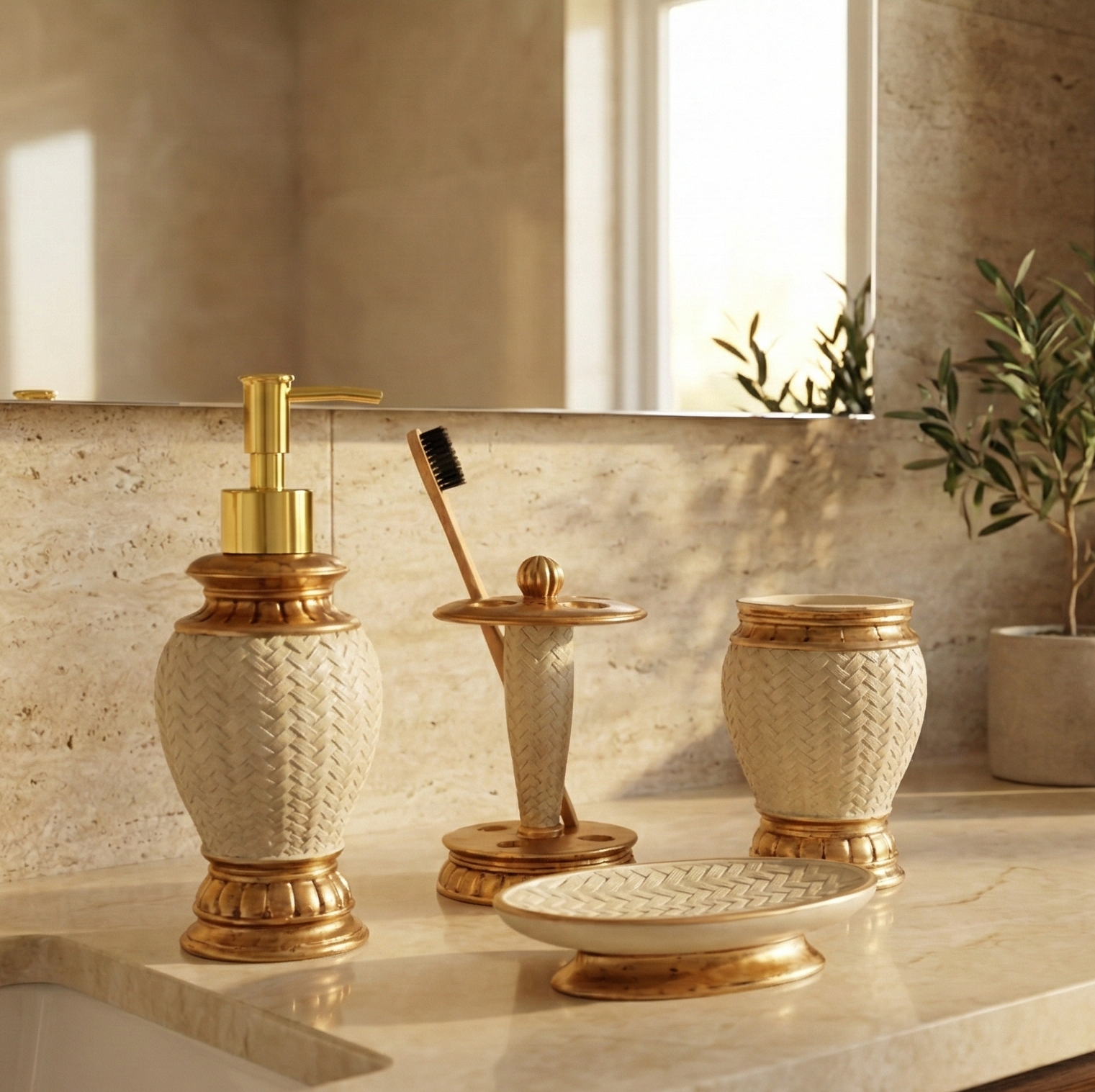 Luxe Wicker Pattern 4 Piece Bath Set