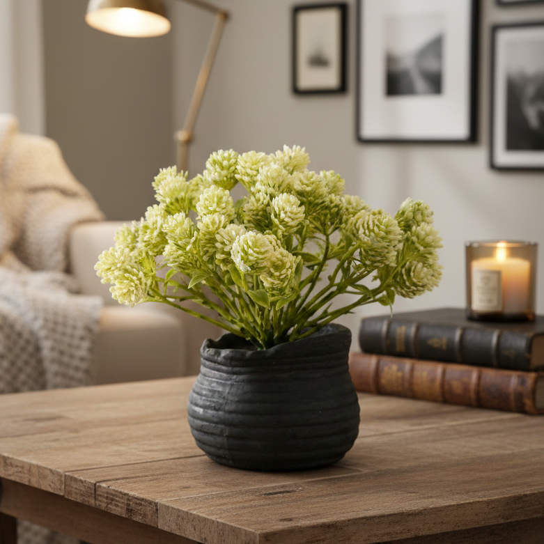 White Faux Bush Flower Plant (Black Pot)