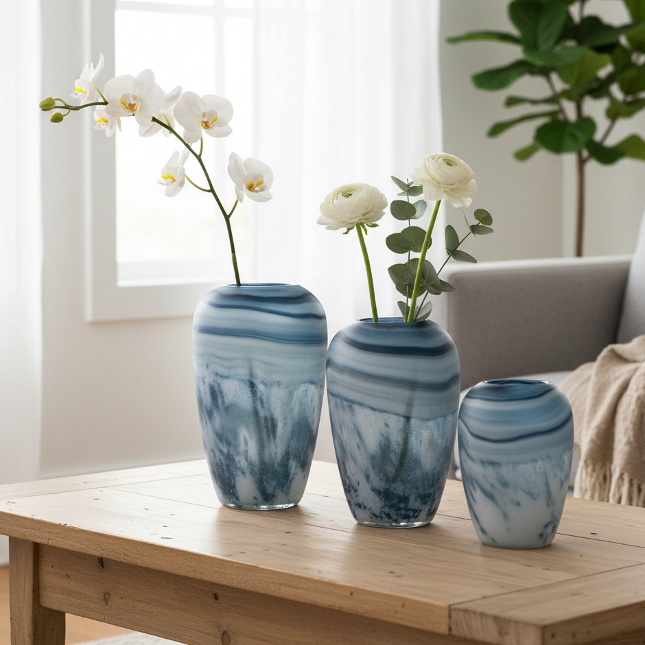 Swirl Marble Blue Ombre Glass Vase (Single)