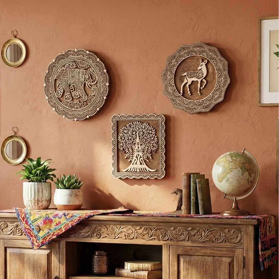 Ethnic Motifs - Handcarved Wall Hanging (set of 3)