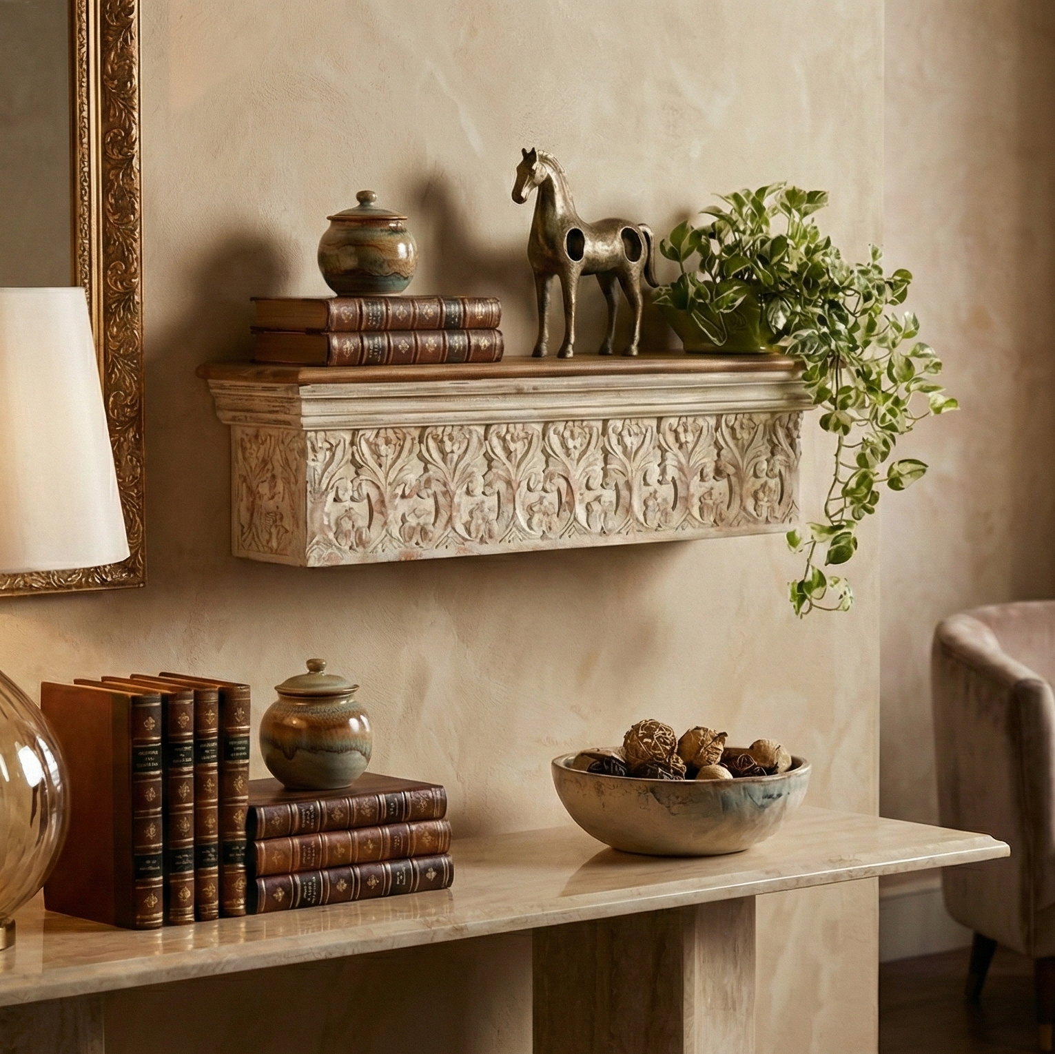 Phoolwari Hand Carved Wall Shelf