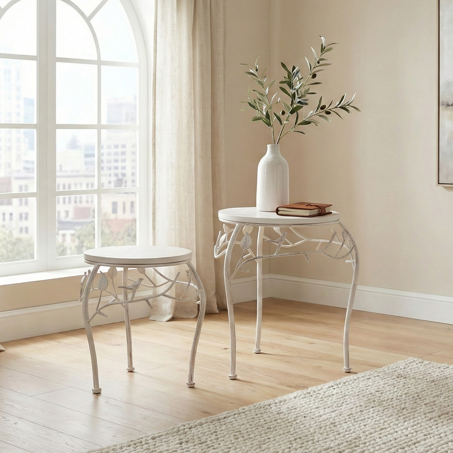 Round Bird Pattern Wood & Metal Short Tables (Set of 2)